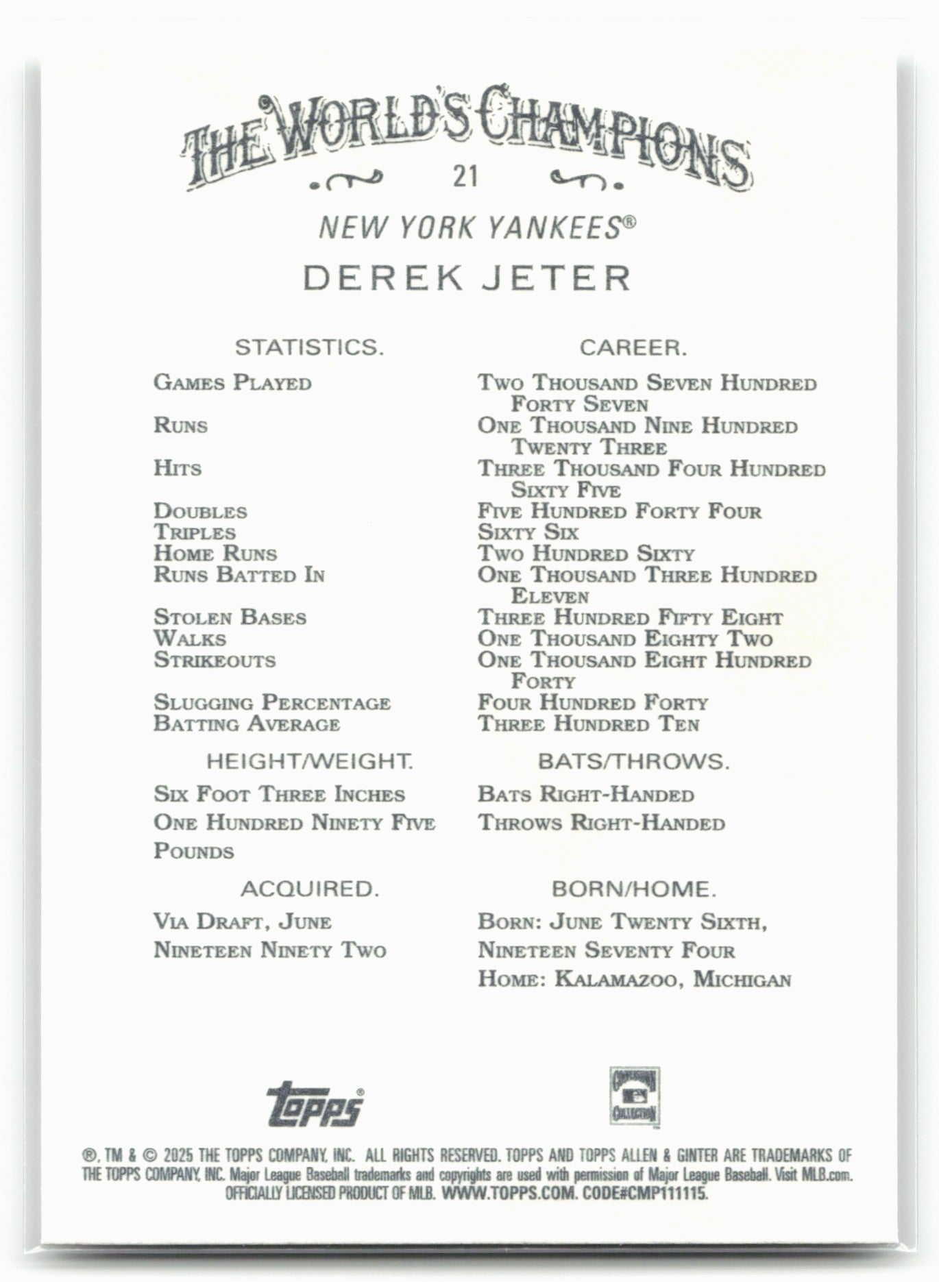 2025 Topps Allen & Ginter #21 Derek Jeter