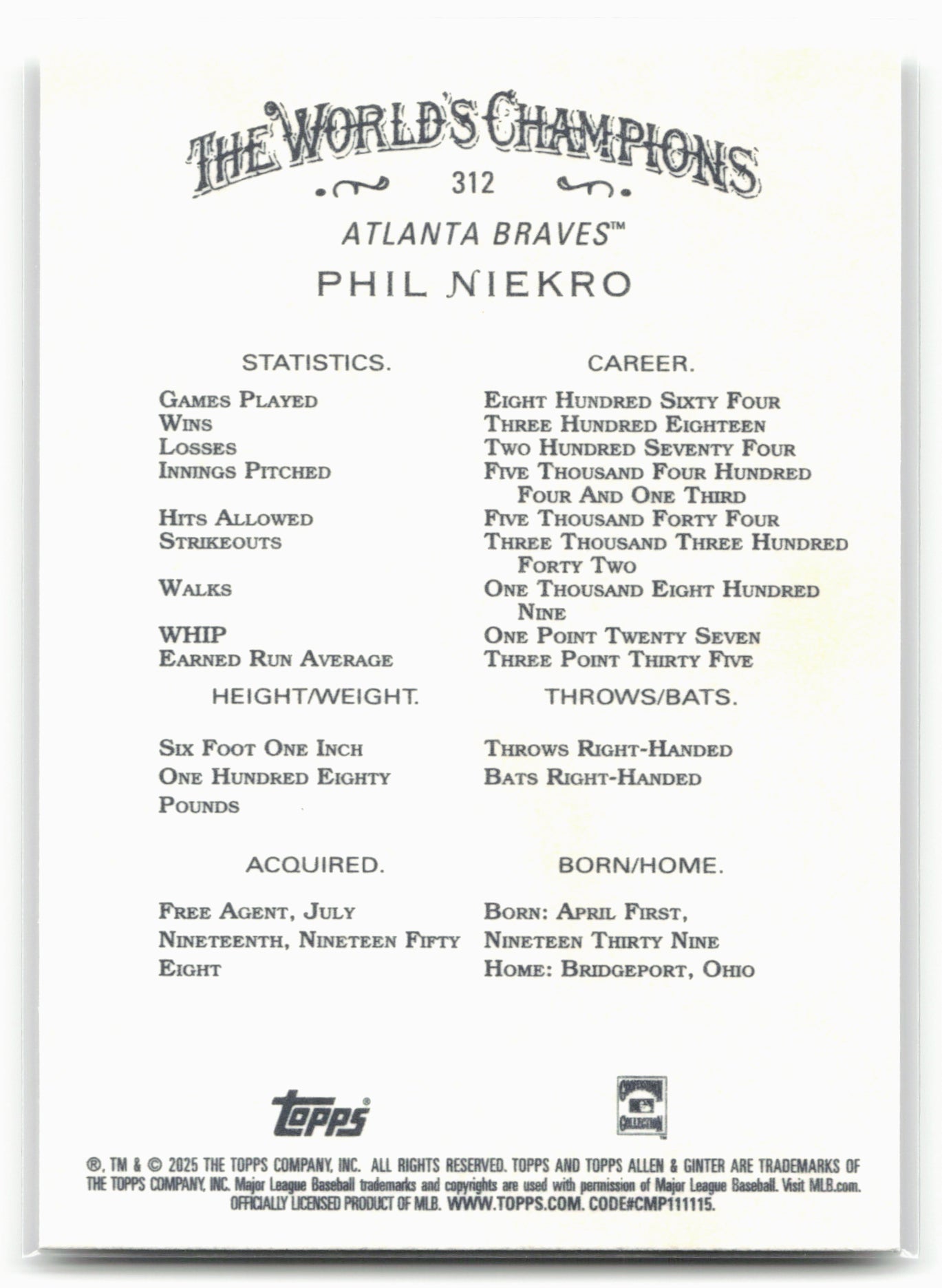 2025 Topps Allen & Ginter #312 Phil Niekro