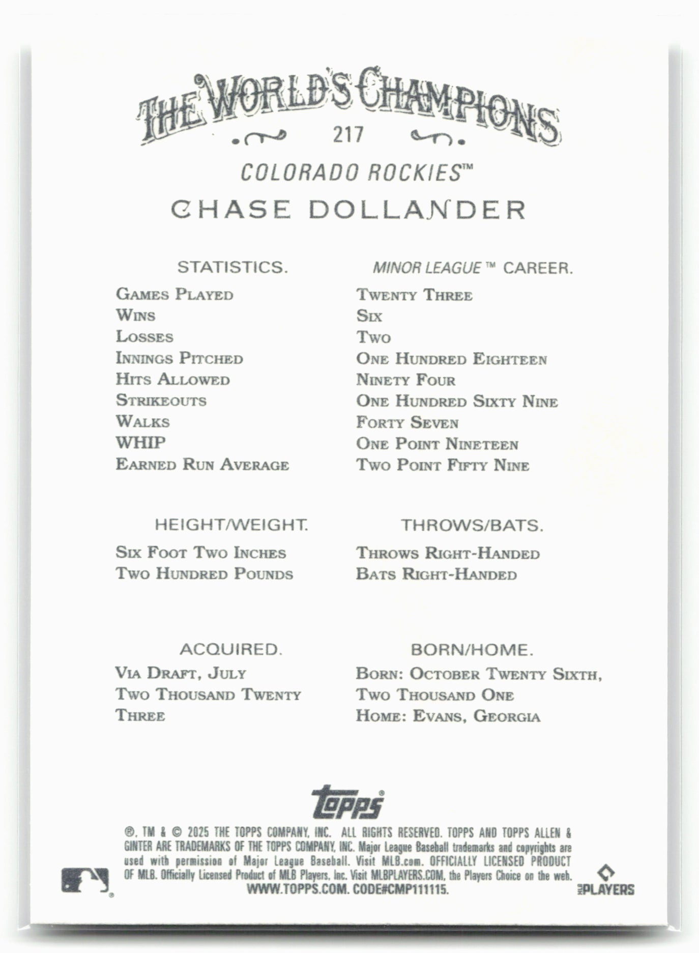 2025 Topps Allen & Ginter #217 Chase Dollander
