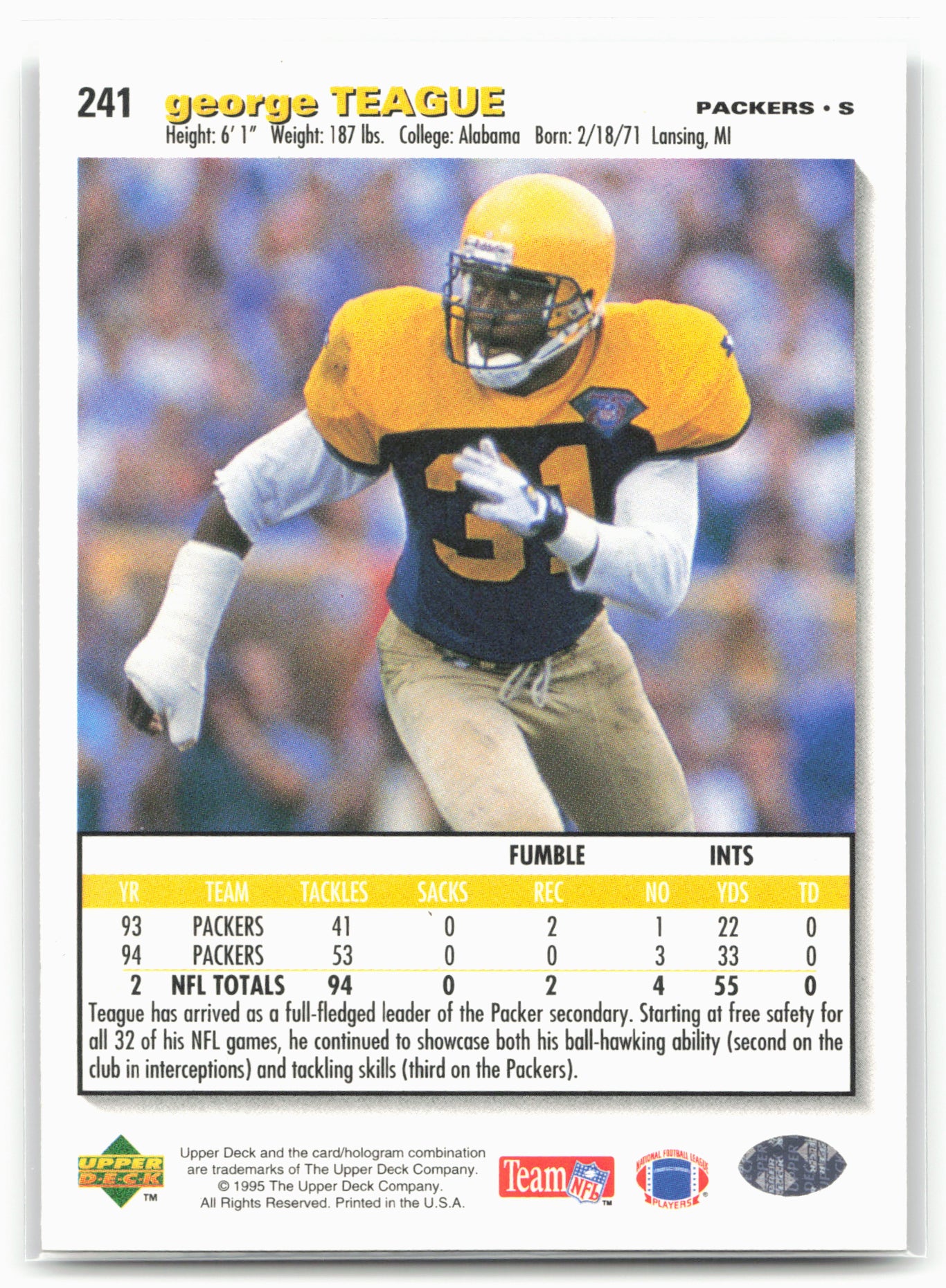 1995 Collector's Choice #241 George Teague Player's Club