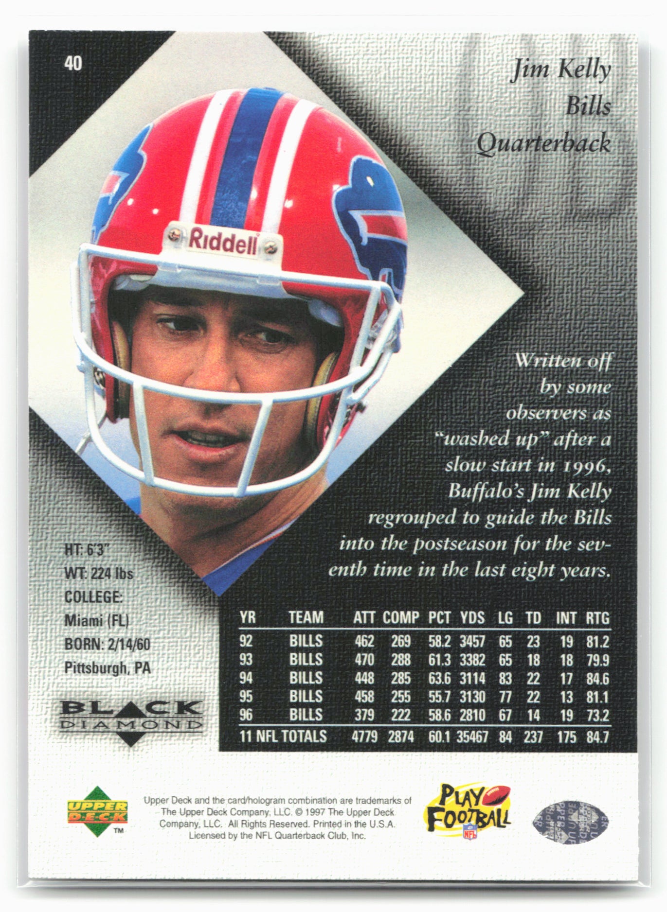 1997 Upper Deck Black Diamond #40 Jim Kelly