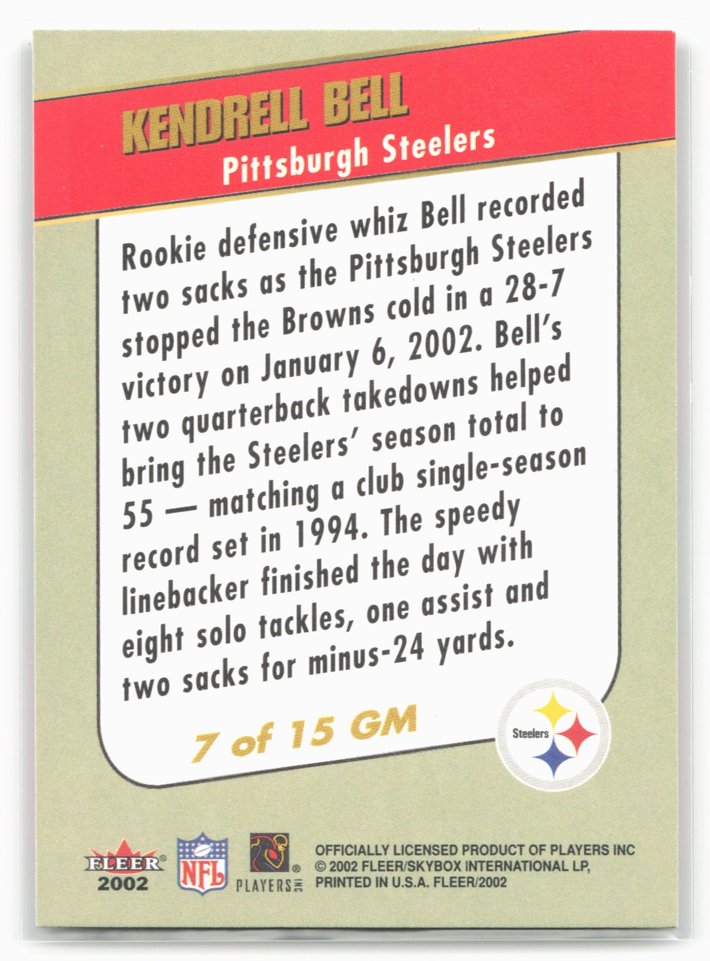 2002 Fleer #7 GM Kendrell Bell Golden Memories