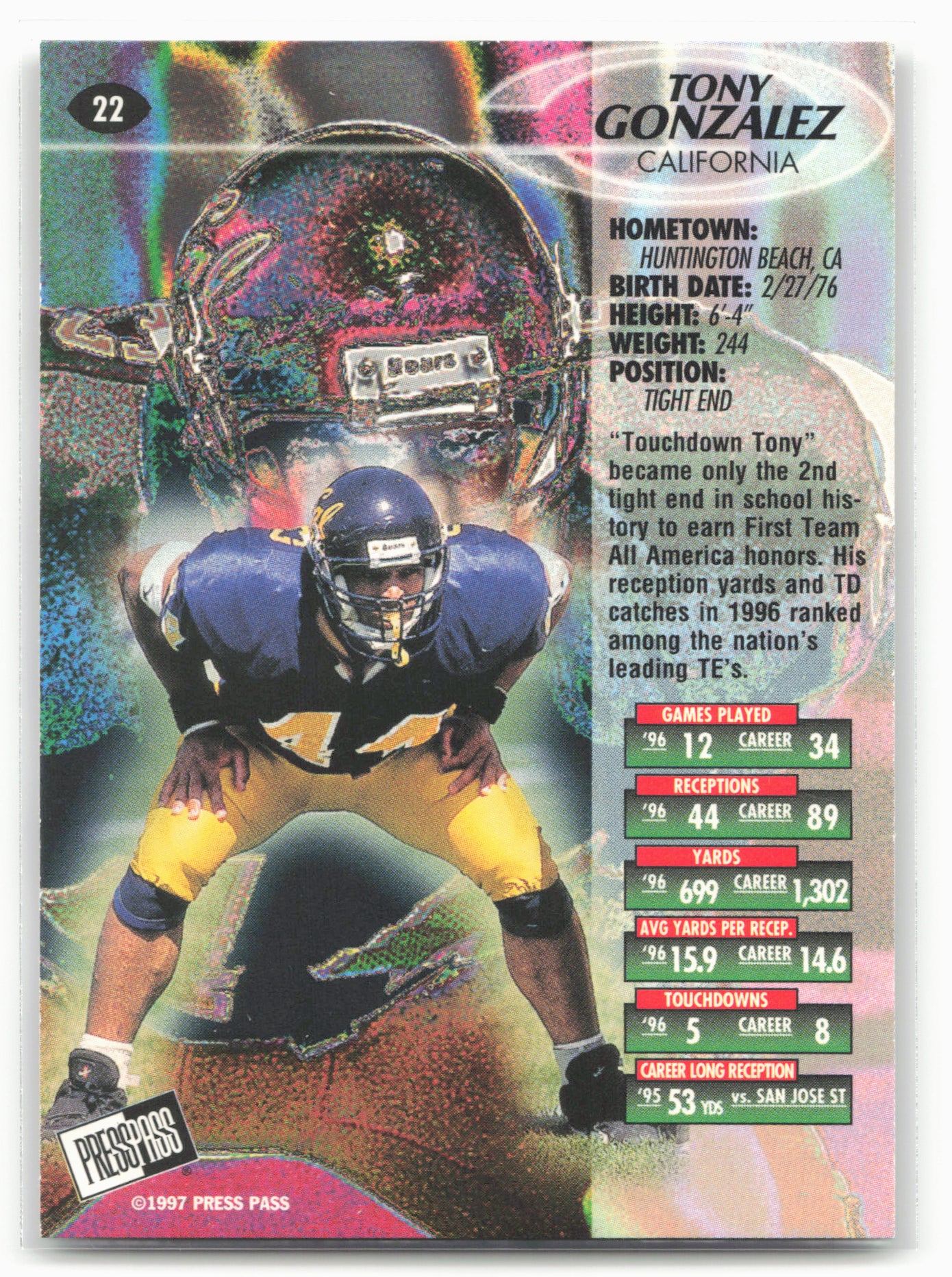 1997 Press Pass #22 Tony Gonzalez