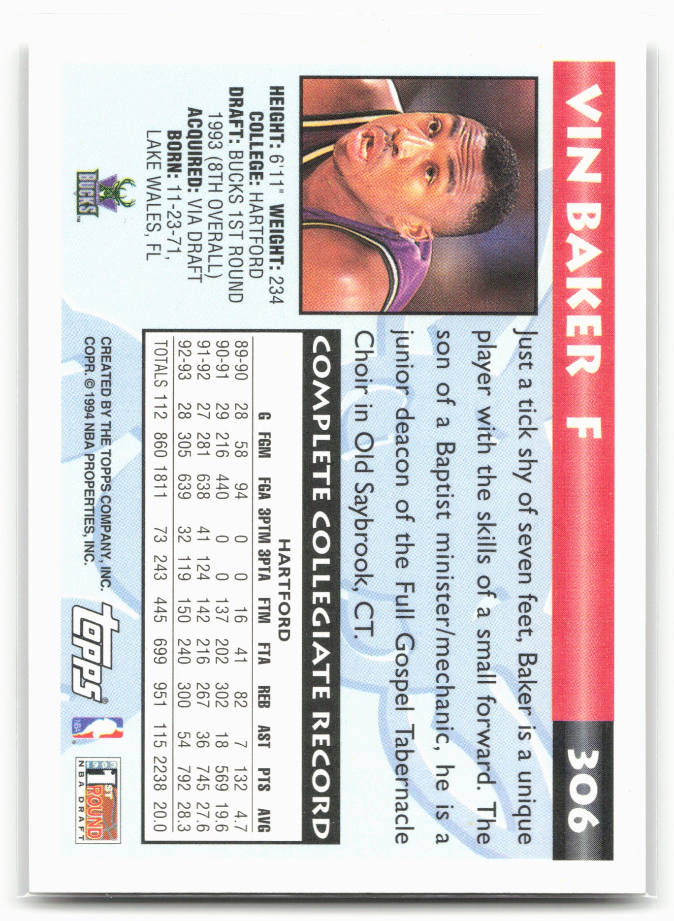 1993-94 Topps #306 Vin Baker