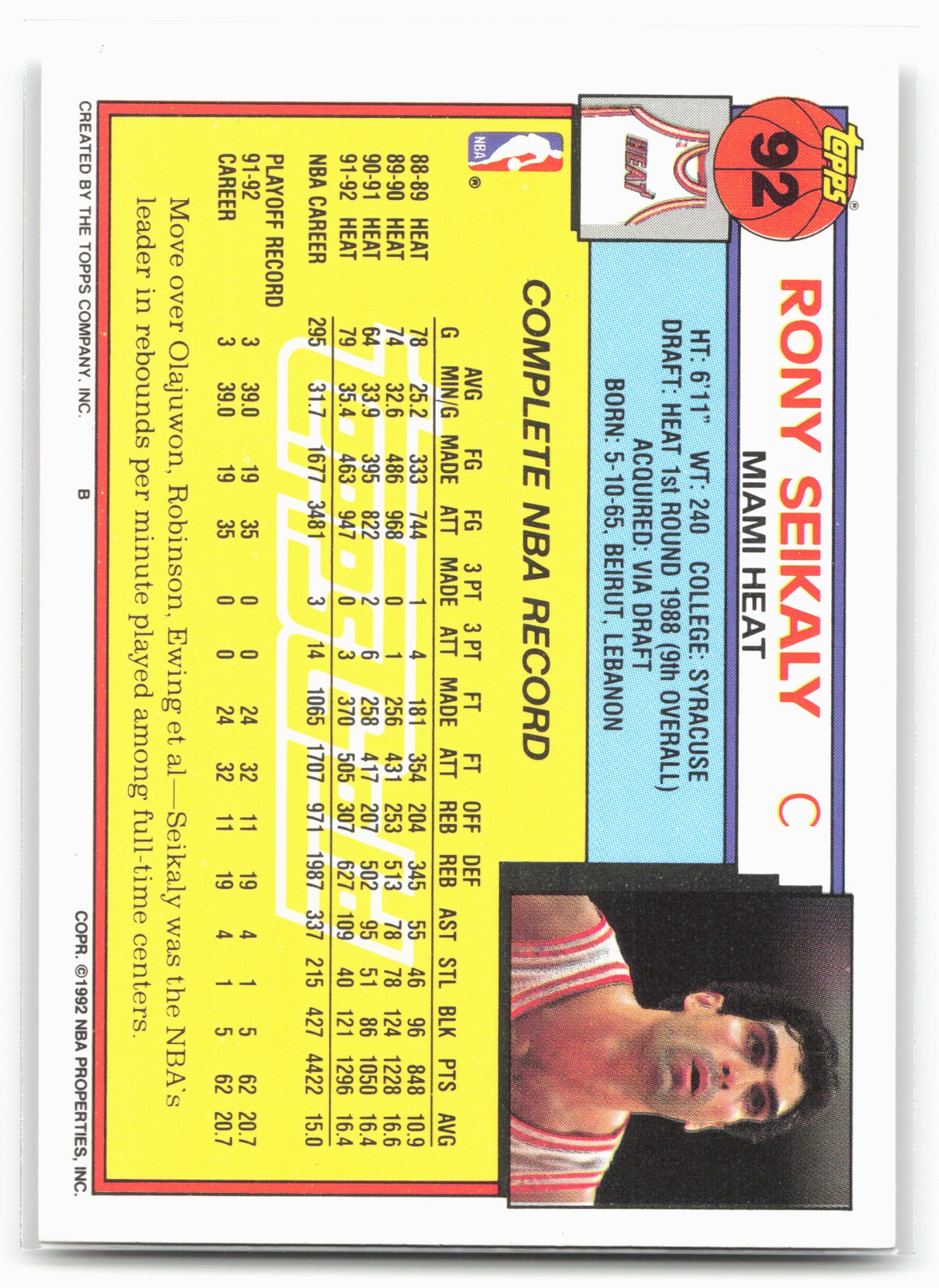 1992-93 Topps #92 Rony Seikaly Gold
