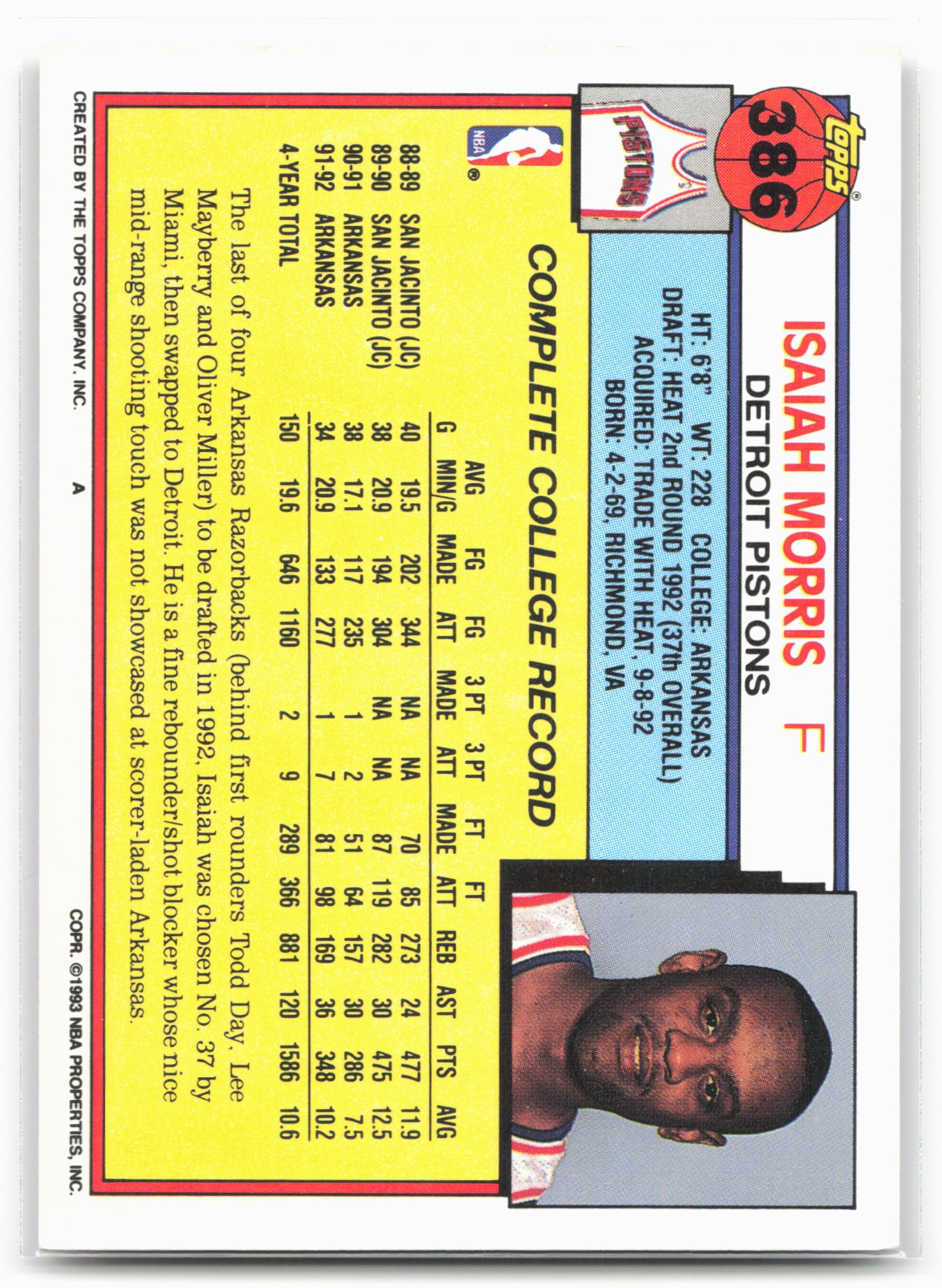 1992-93 Topps #386 Isaiah Morris