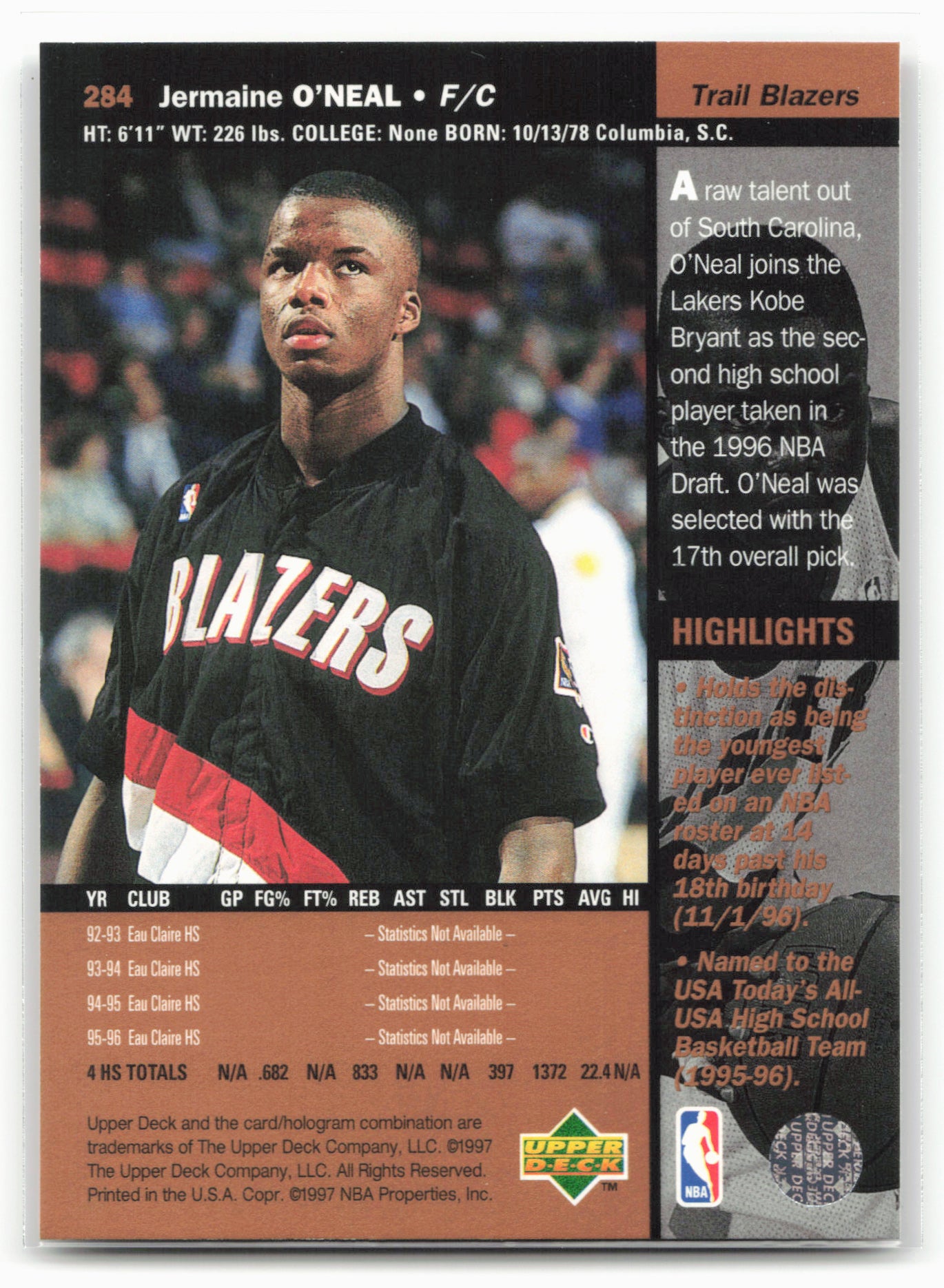 1996-97 Upper Deck #284 Jermaine O'Neal