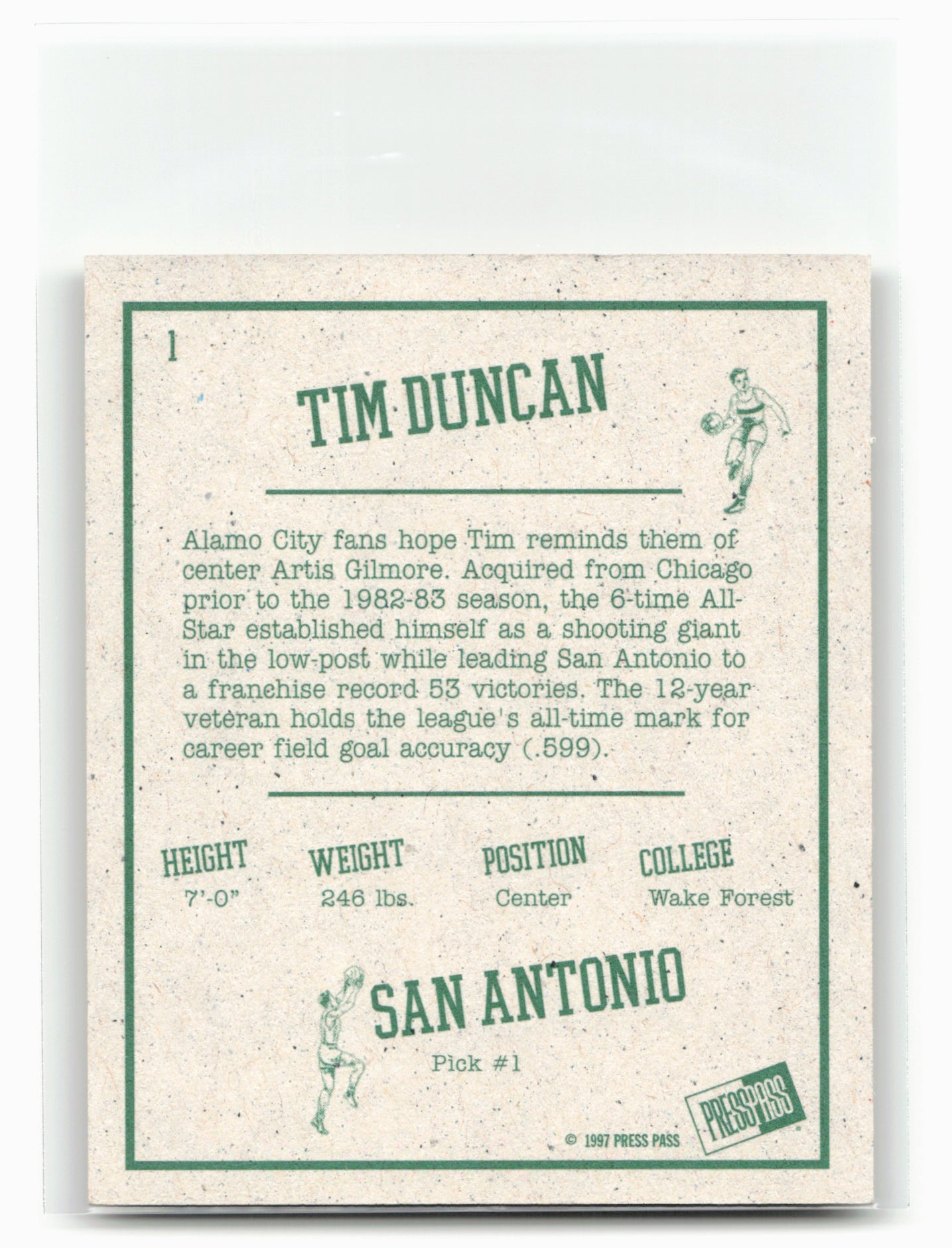 1997 Press Pass Double Threat #1 Tim Duncan Retroactive