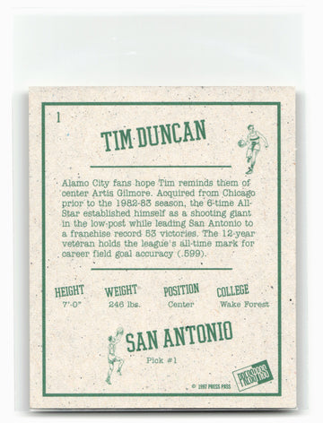 
1997 Press Pass Double Threat #1 Tim Duncan Retroactive