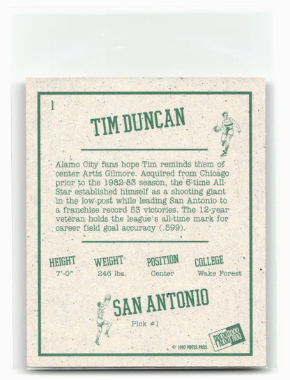 1997 Press Pass Double Threat #1 Tim Duncan Retroactive