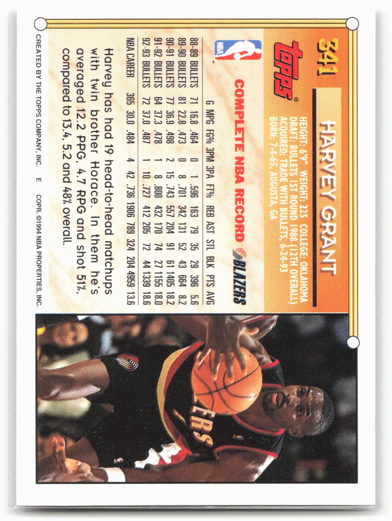 1993-94 Topps #341 Harvey Grant Gold