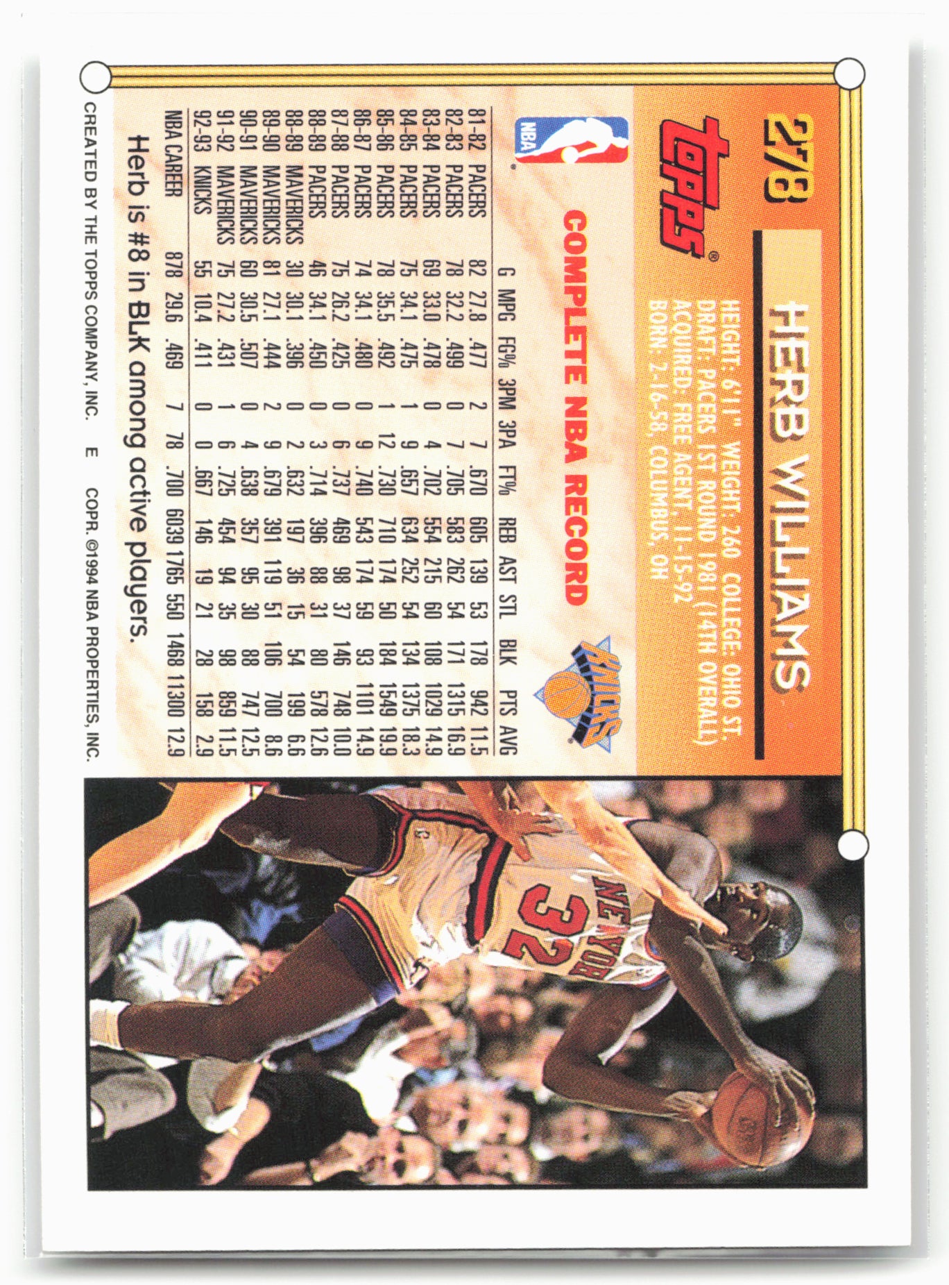 1993-94 Topps #278 Herb Williams Gold