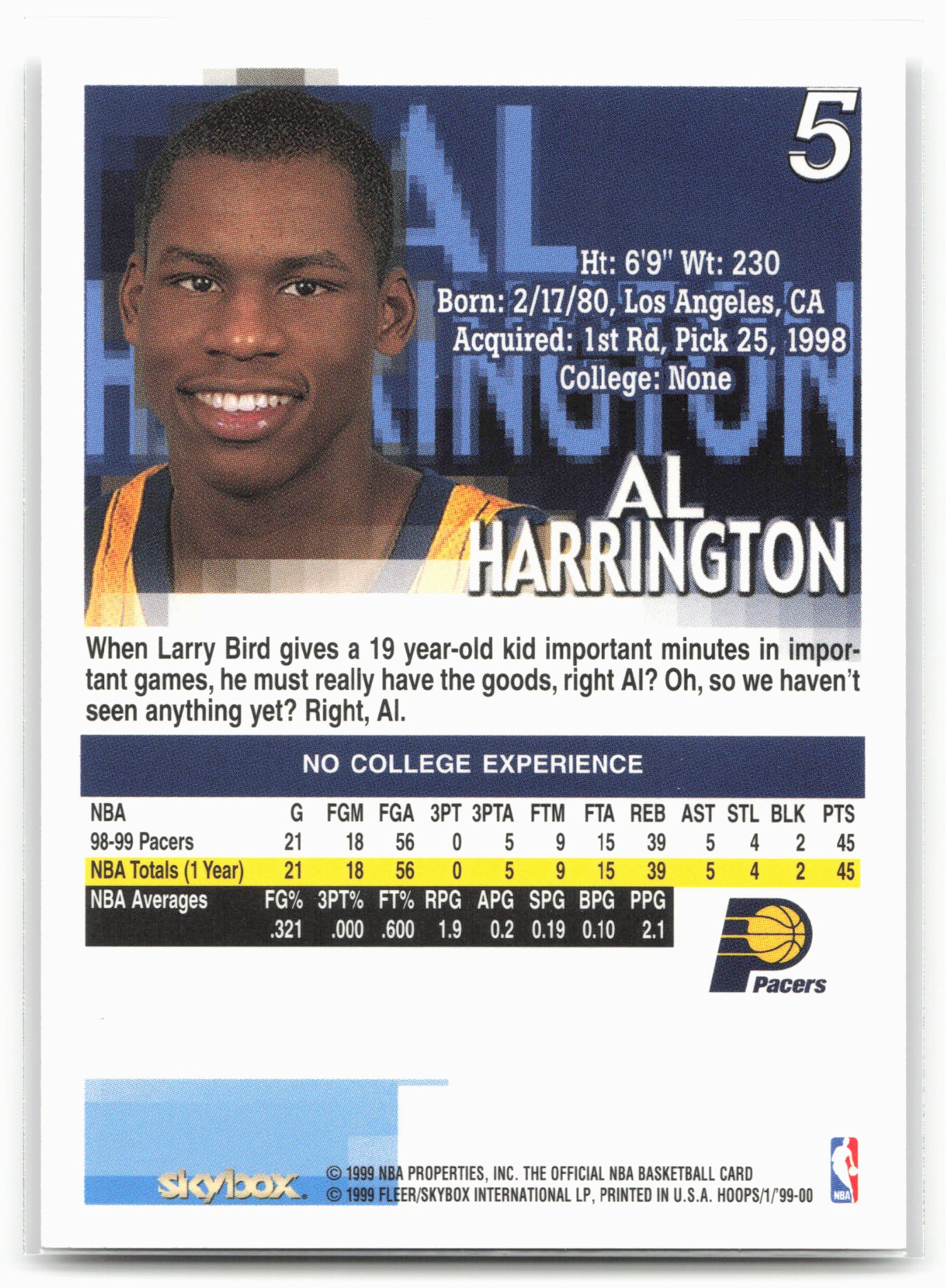 1999-00 Hoops #5 Al Harrington