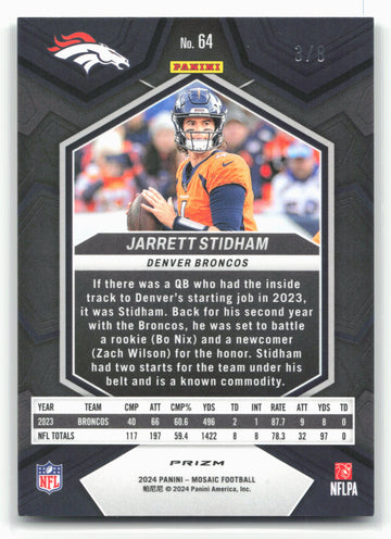 
2024 Panini Mosaic #64 Jarrett Stidham Green Sparkle #/8