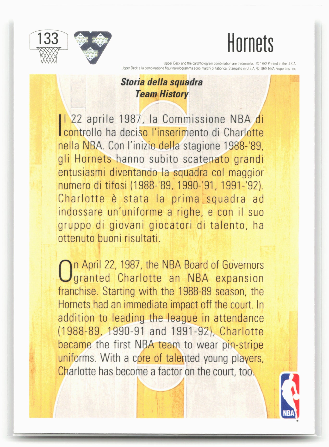 1991-92 Upper Deck Spanish #133 Charlotte Hornets Team History 24676