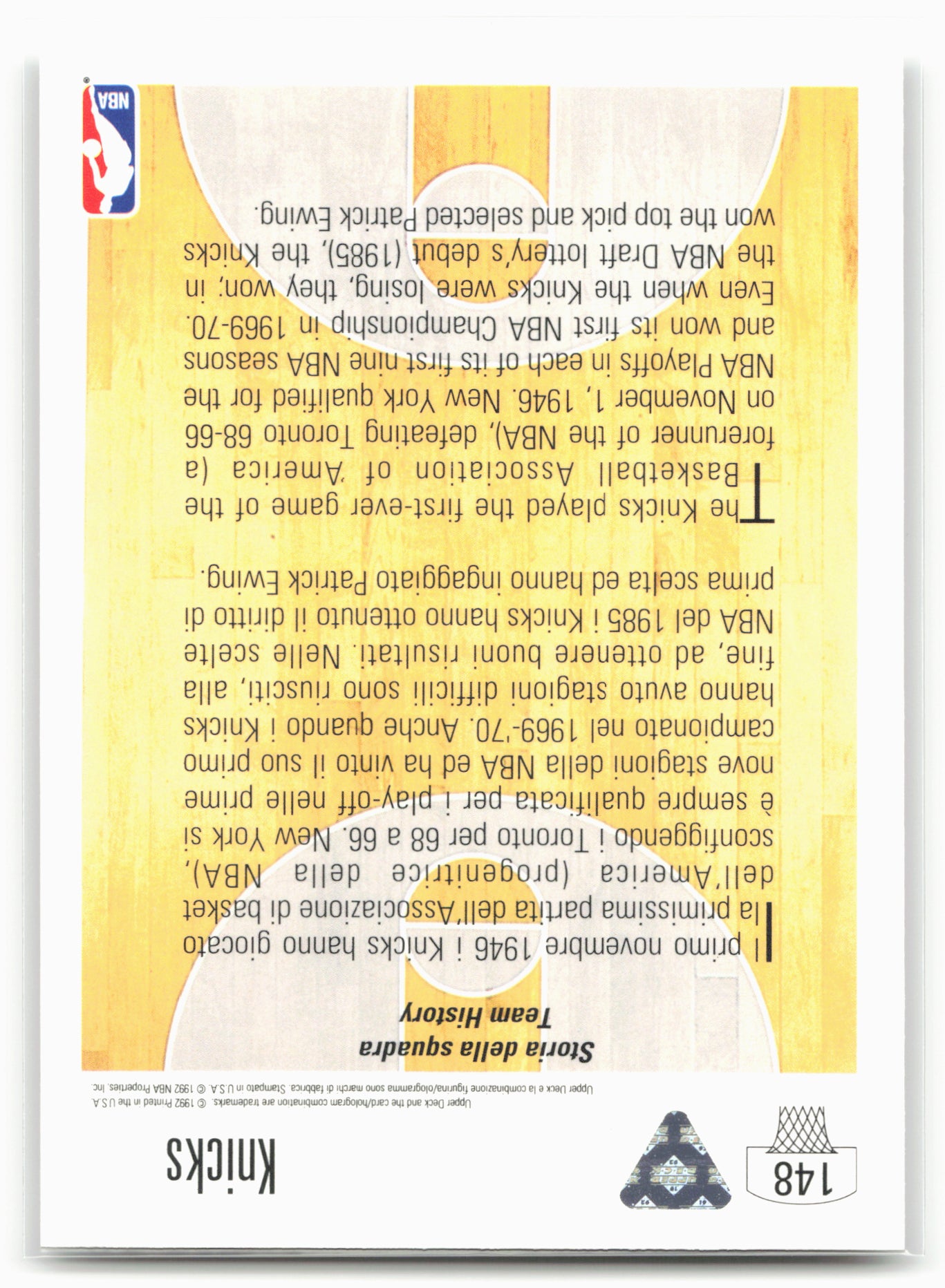 1991-92 Upper Deck Italian #148a New York Knicks Logo