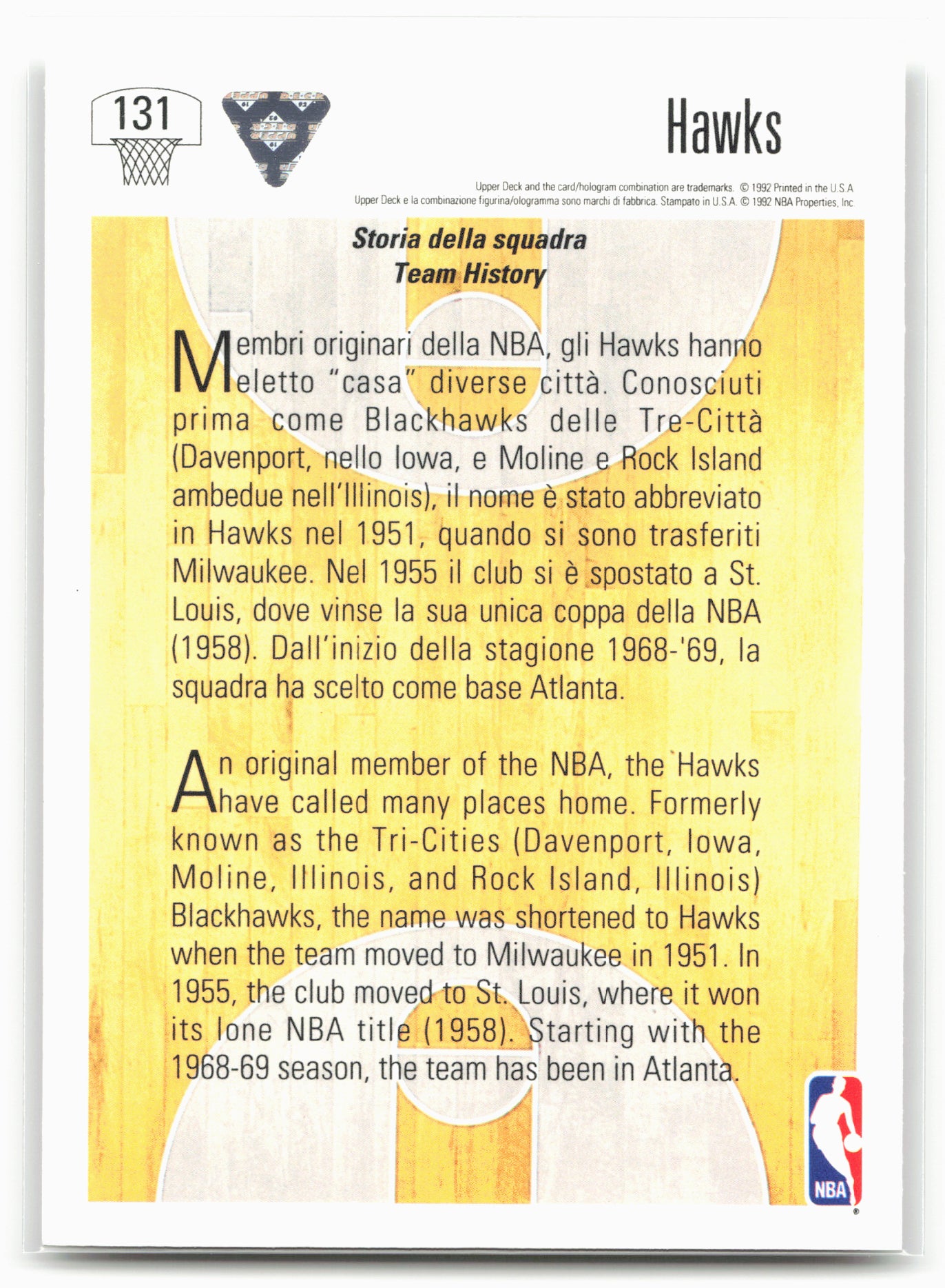 1991-92 Upper Deck Italian #131a Atlanta Hawks Logo 24686