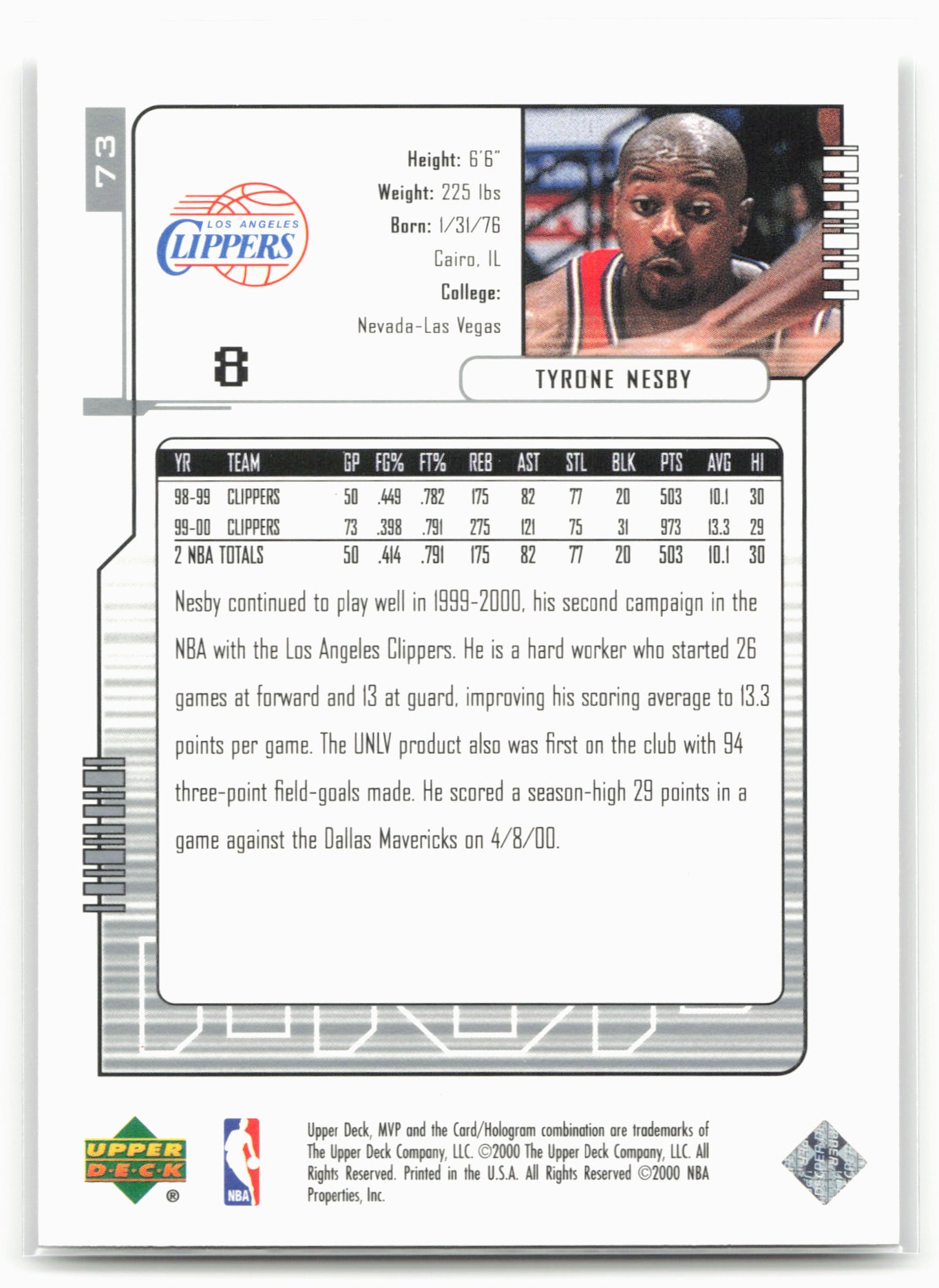 2000-01 Upper Deck MVP #73 Tyrone Nesby Silver Script