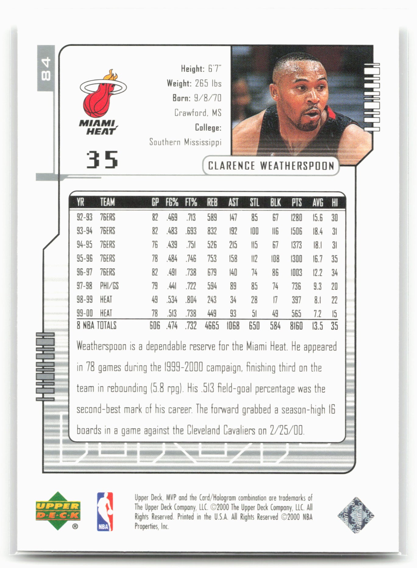 2000-01 Upper Deck MVP #84 Clarence Weatherspoon Silver Script