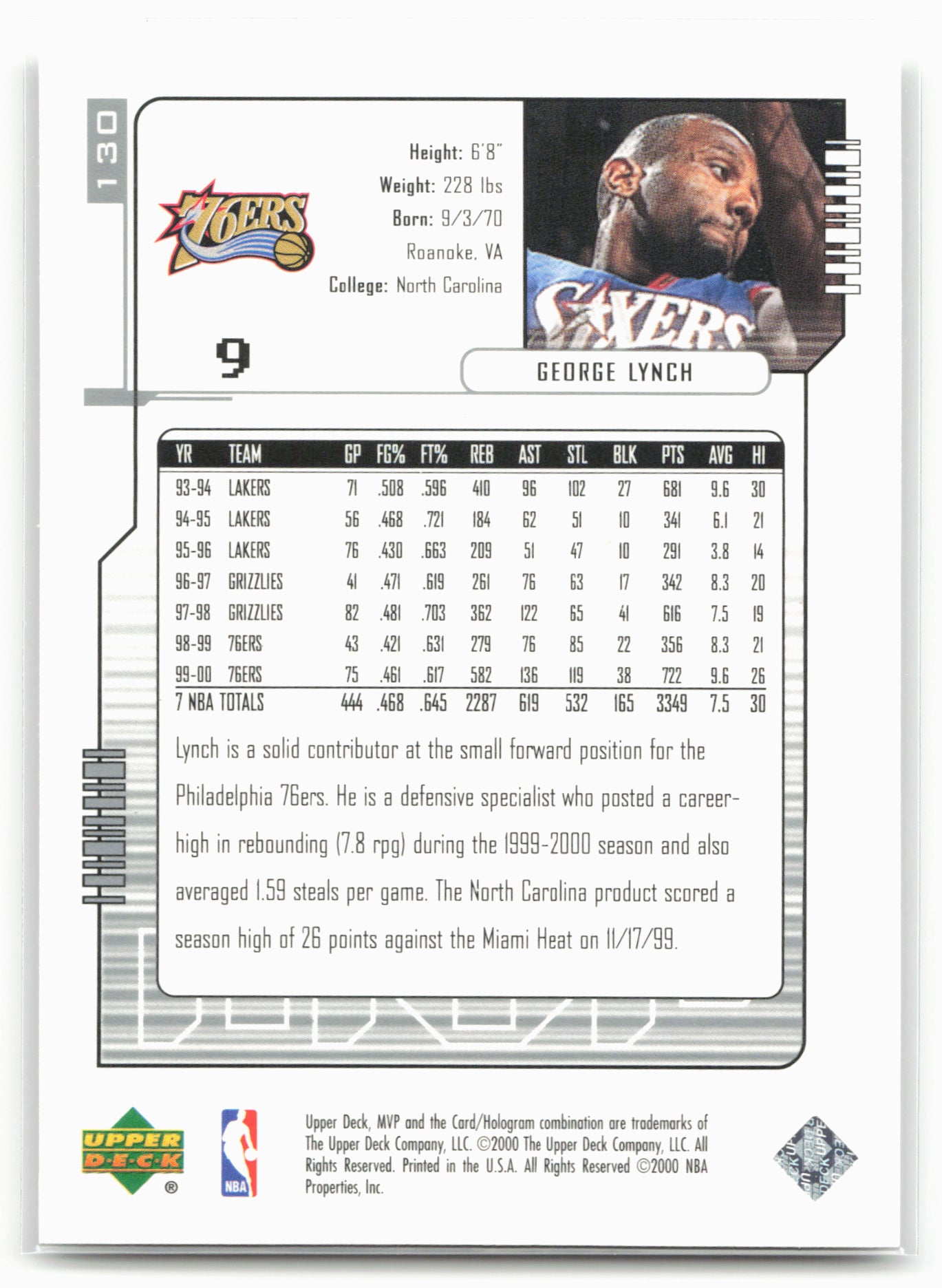 2000-01 Upper Deck MVP #130 George Lynch