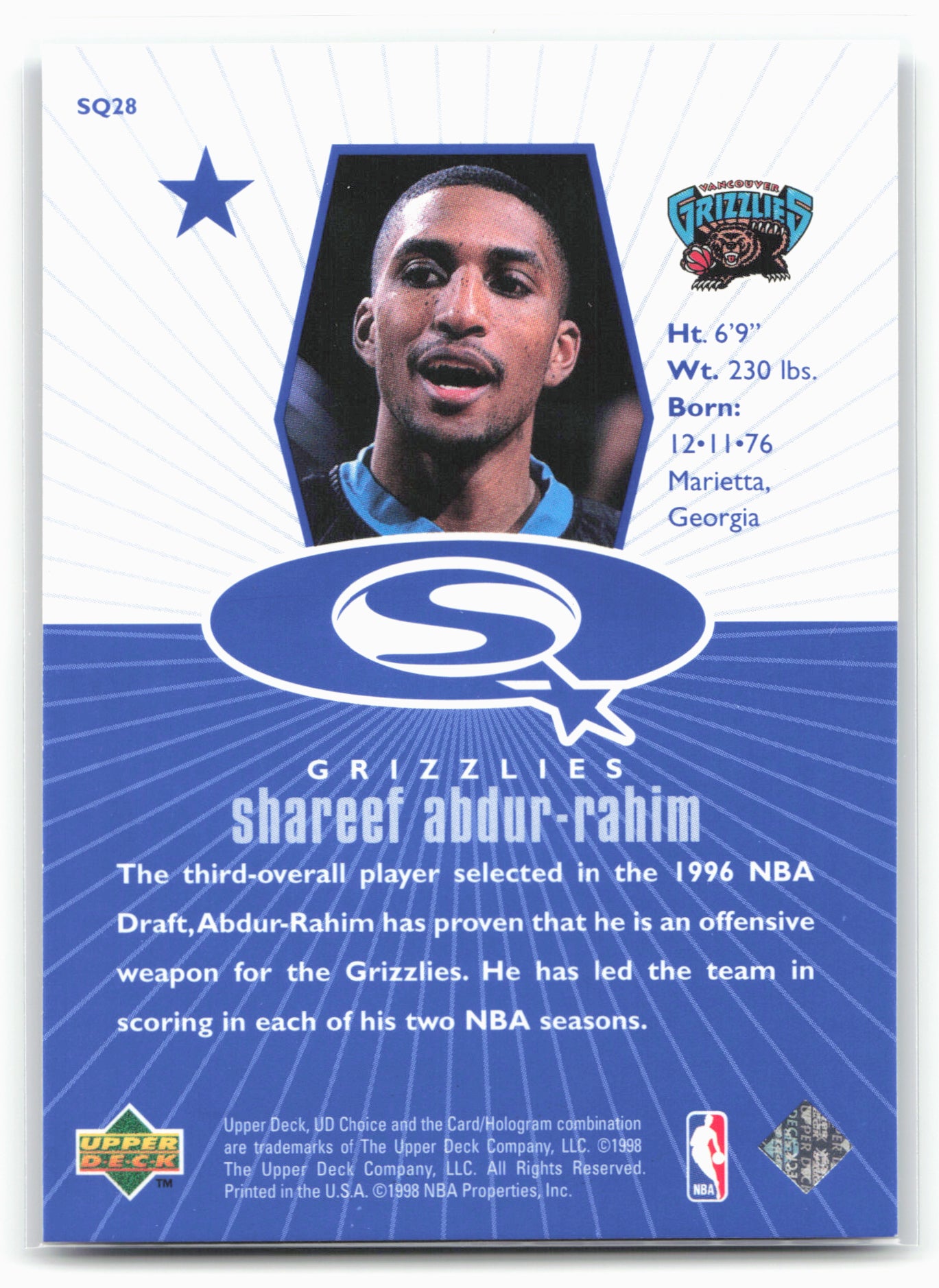 1998-99 UD Choice #SQ28 Shareef Abdur-Rahim StarQuest Blue 24704