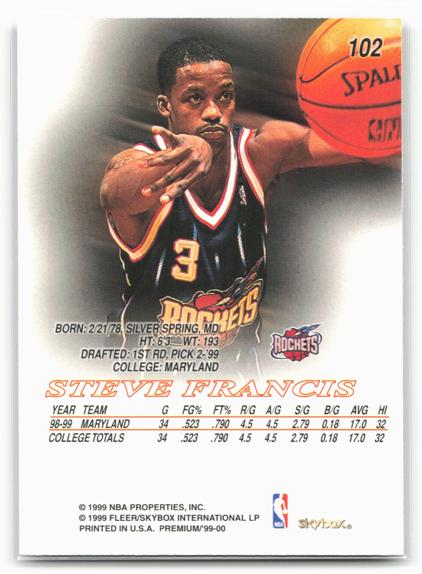 1999-00 SkyBox Premium #102 Steve Francis 24706