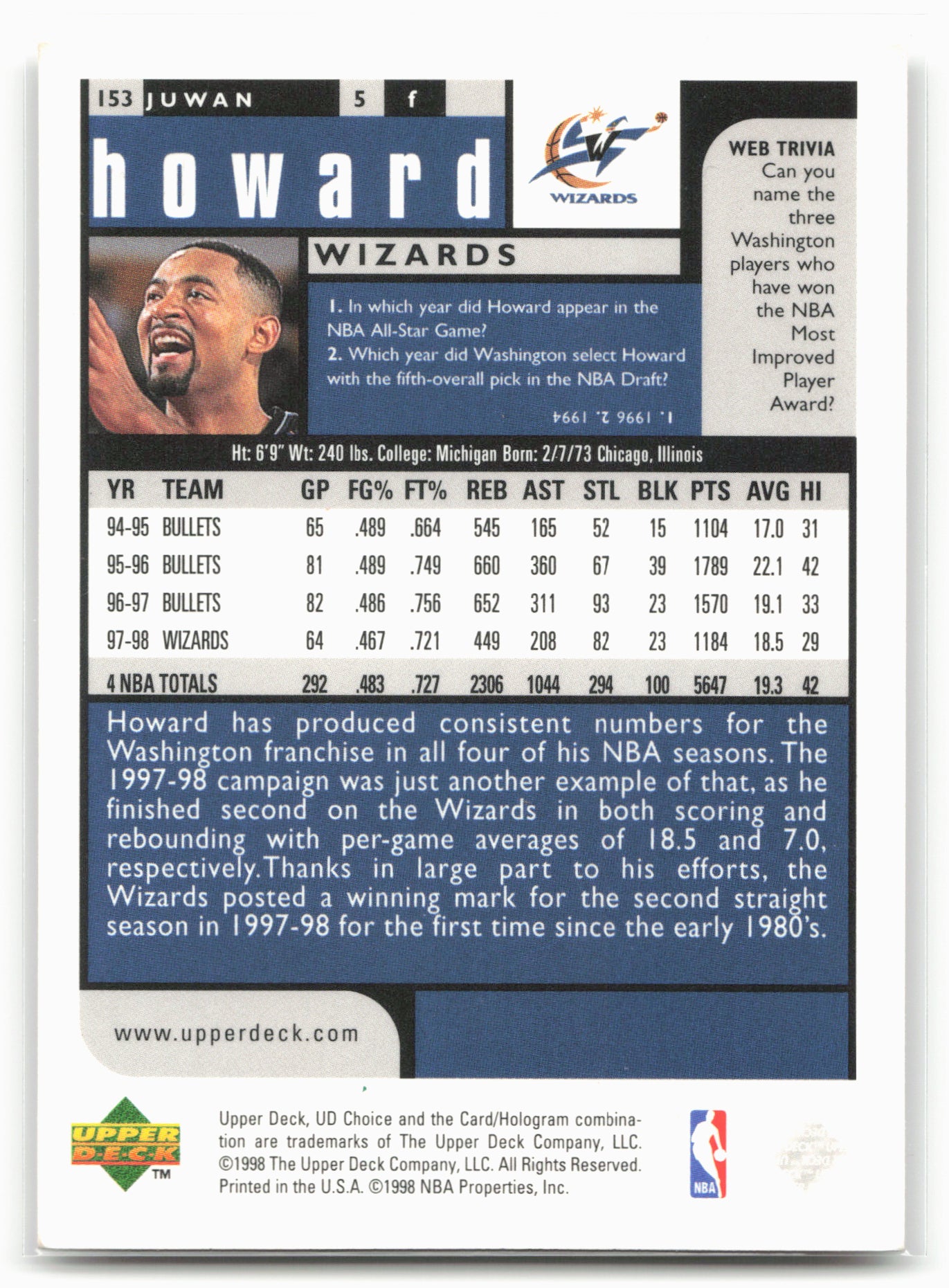 1998-99 UD Choice Preview #153 Juwan Howard