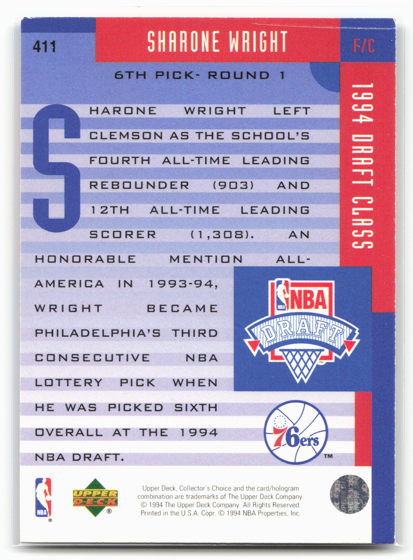 1994-95 Collector's Choice #411 Sharone Wright Silver Signature