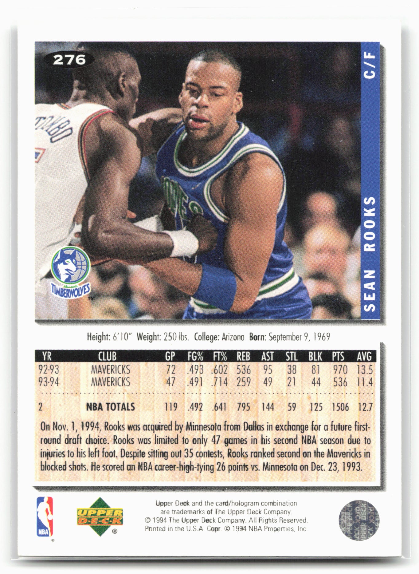 1994-95 Collector's Choice #276 Sean Rooks