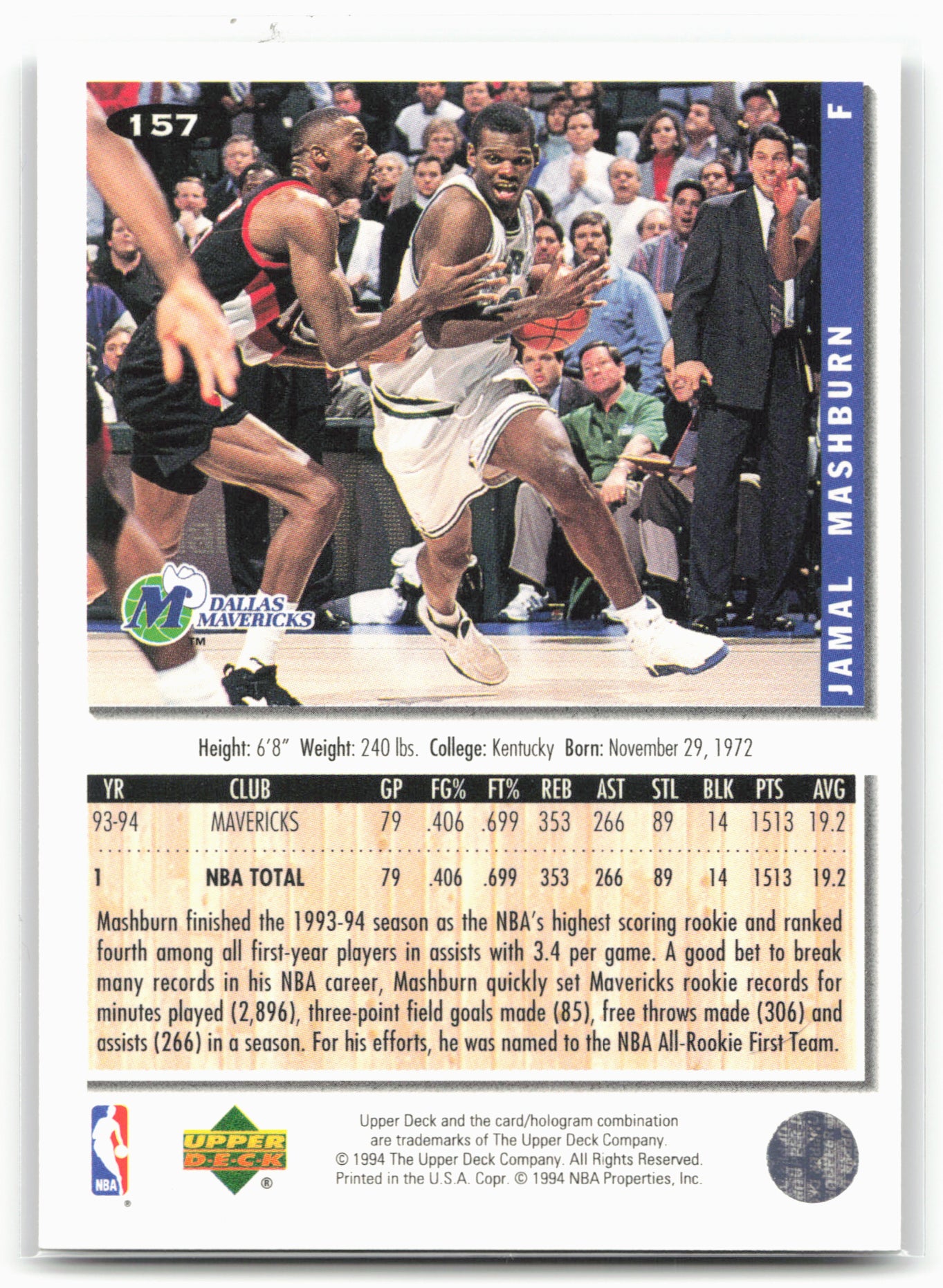 1994-95 Collector's Choice #157 Jamal Mashburn Silver Signature