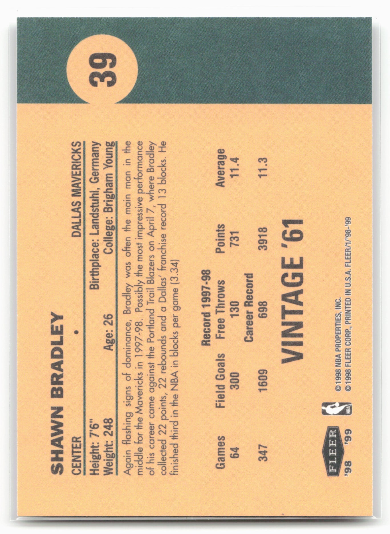 1998-99 Fleer Tradition #39 Shawn Bradley Vintage '61