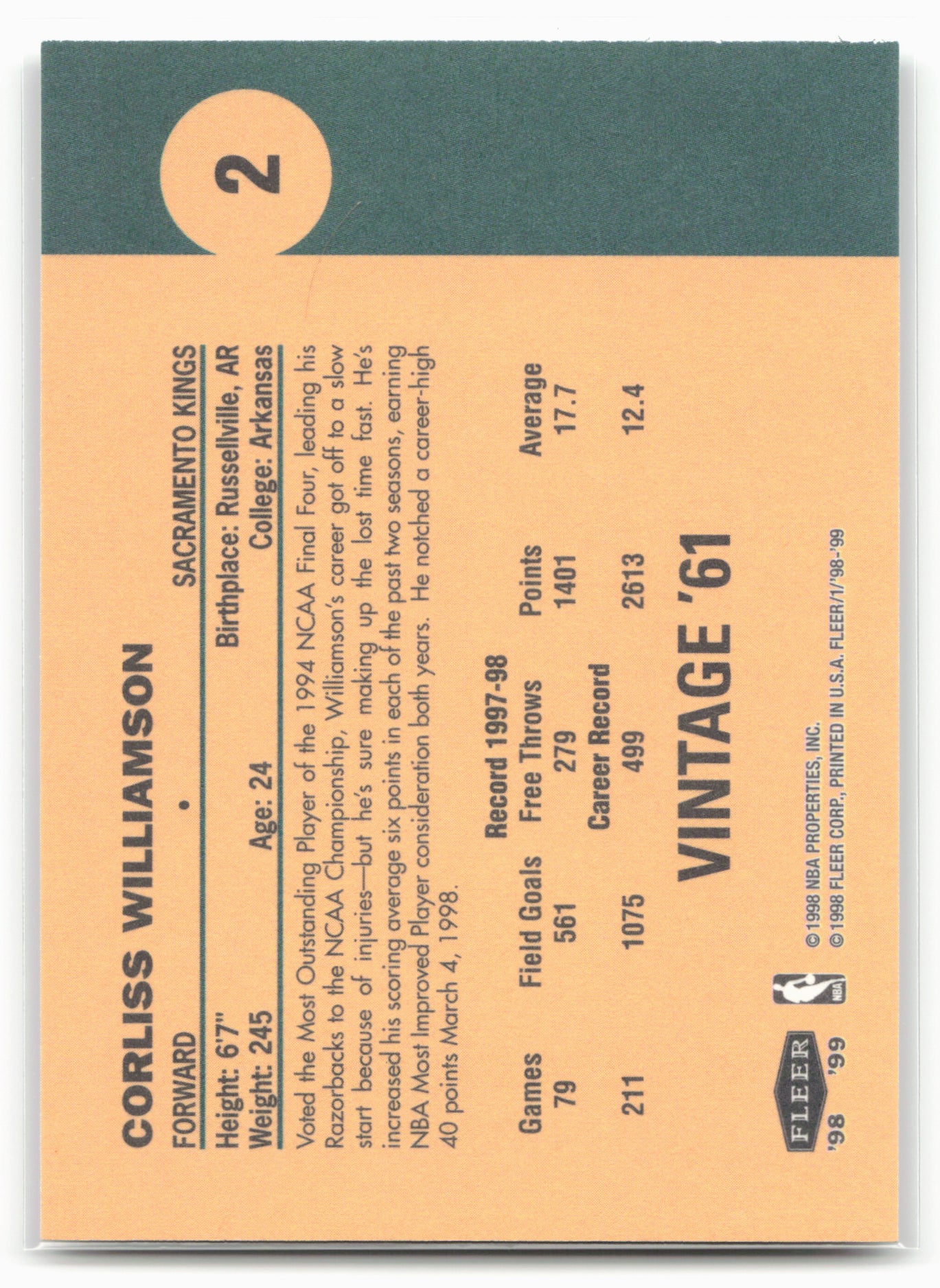 1998-99 Fleer Tradition #2C Corliss Williamson Classic '61 #/61