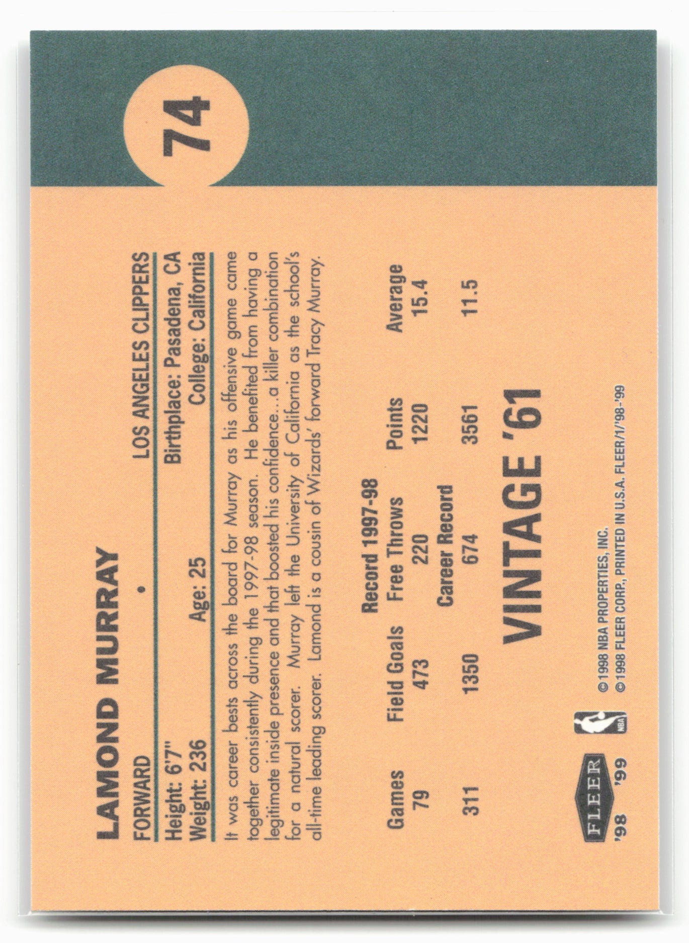 1998-99 Fleer Tradition #74 Lamond Murray Vintage '61