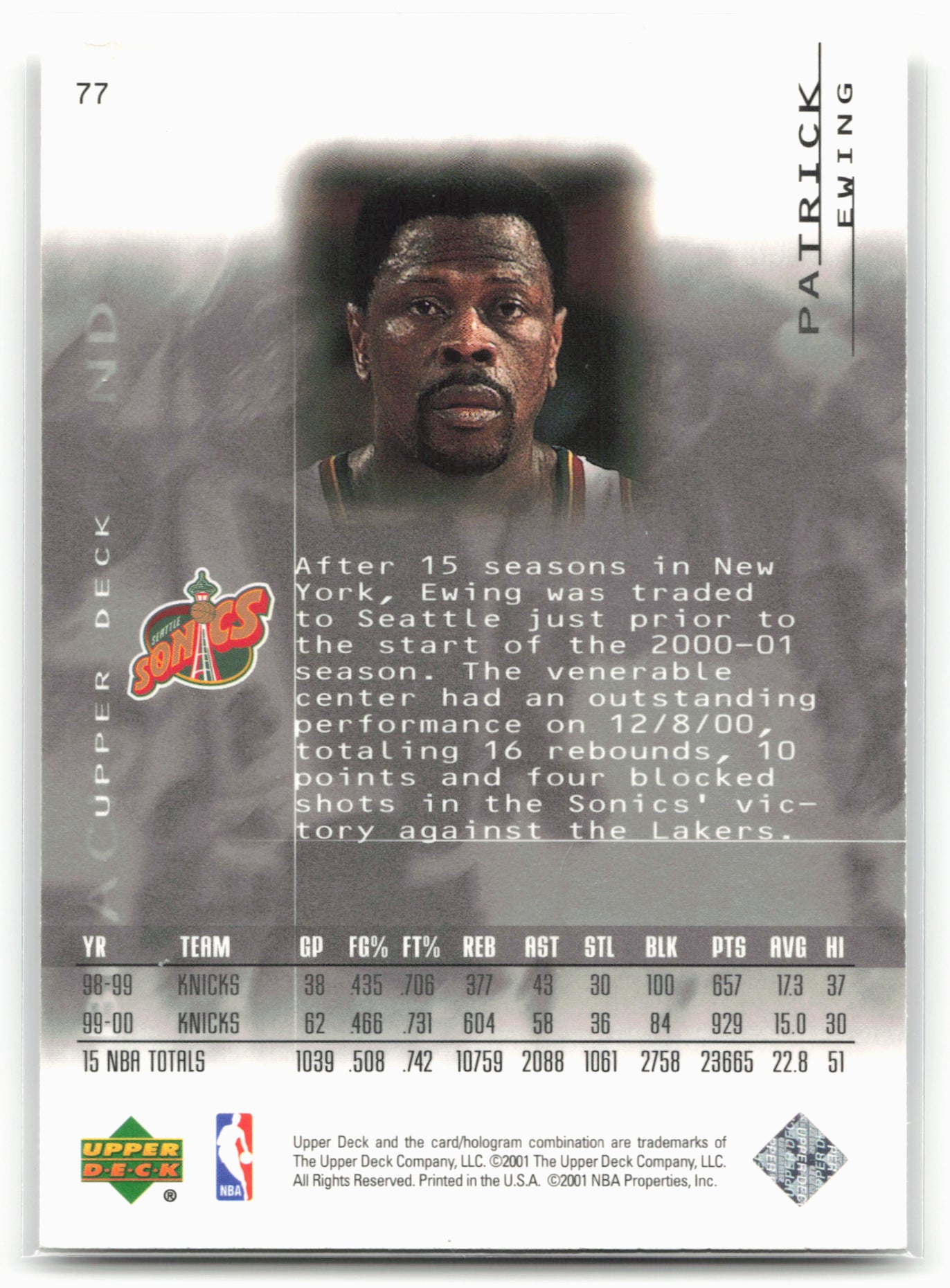 2000-01 Upper Deck Black Diamond #77 Patrick Ewing 24760