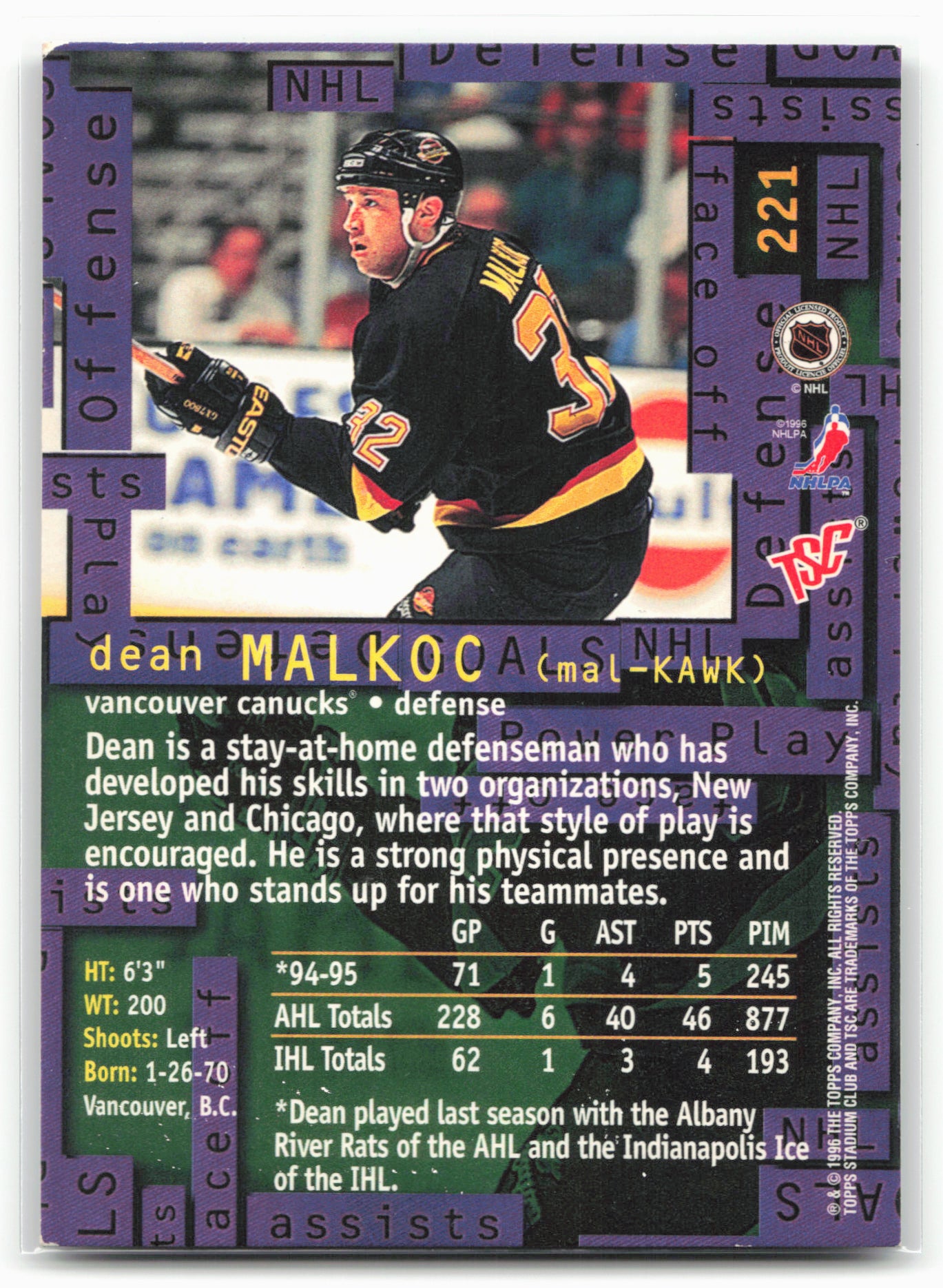 1995-96 Stadium Club #221 Dean Malkoc