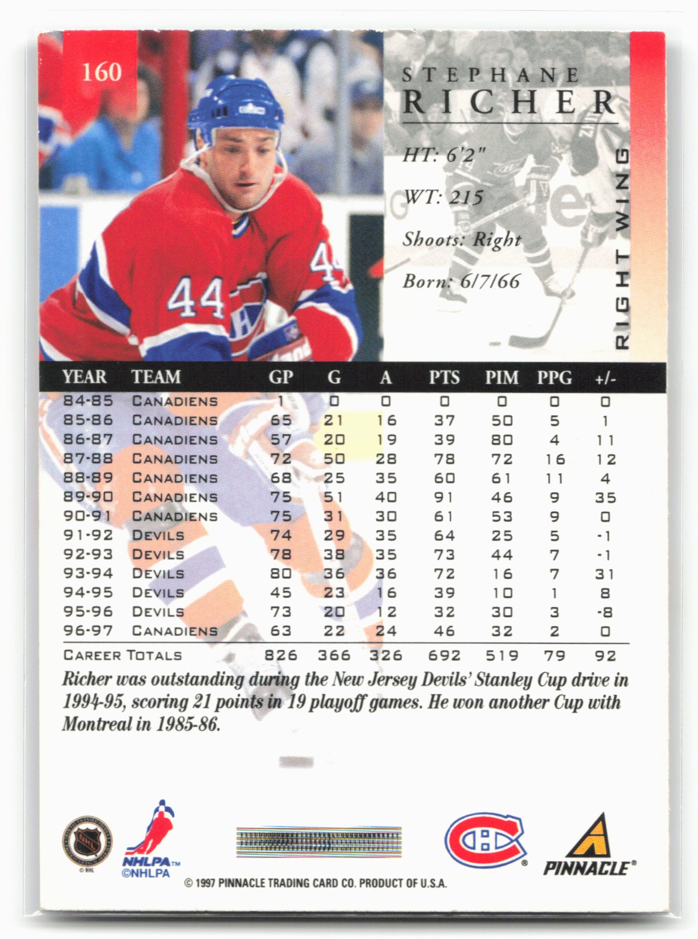 1997-98 Pinnacle #160 Stephane Richer