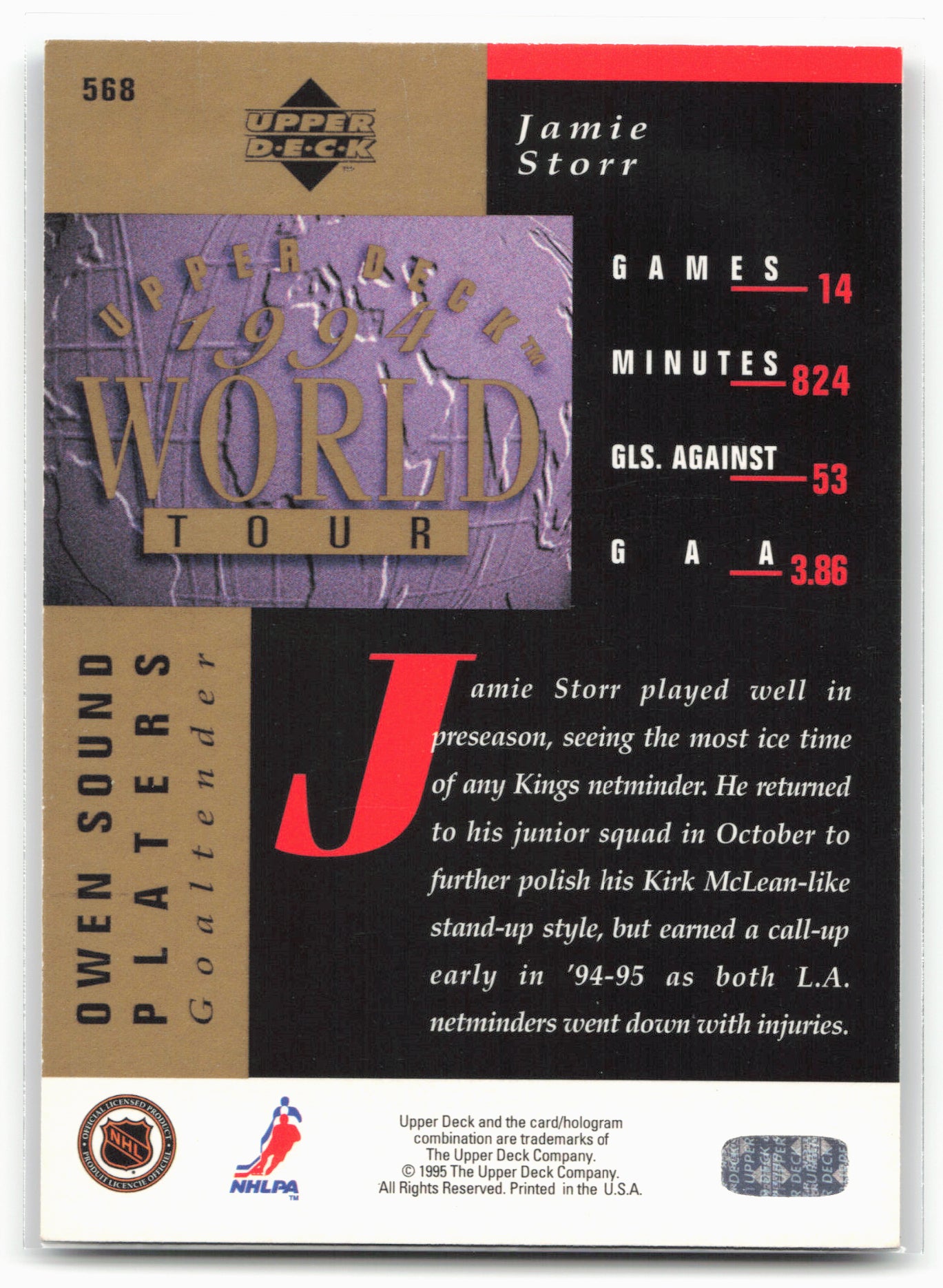 1994-95 Upper Deck #568 Jamie Storr