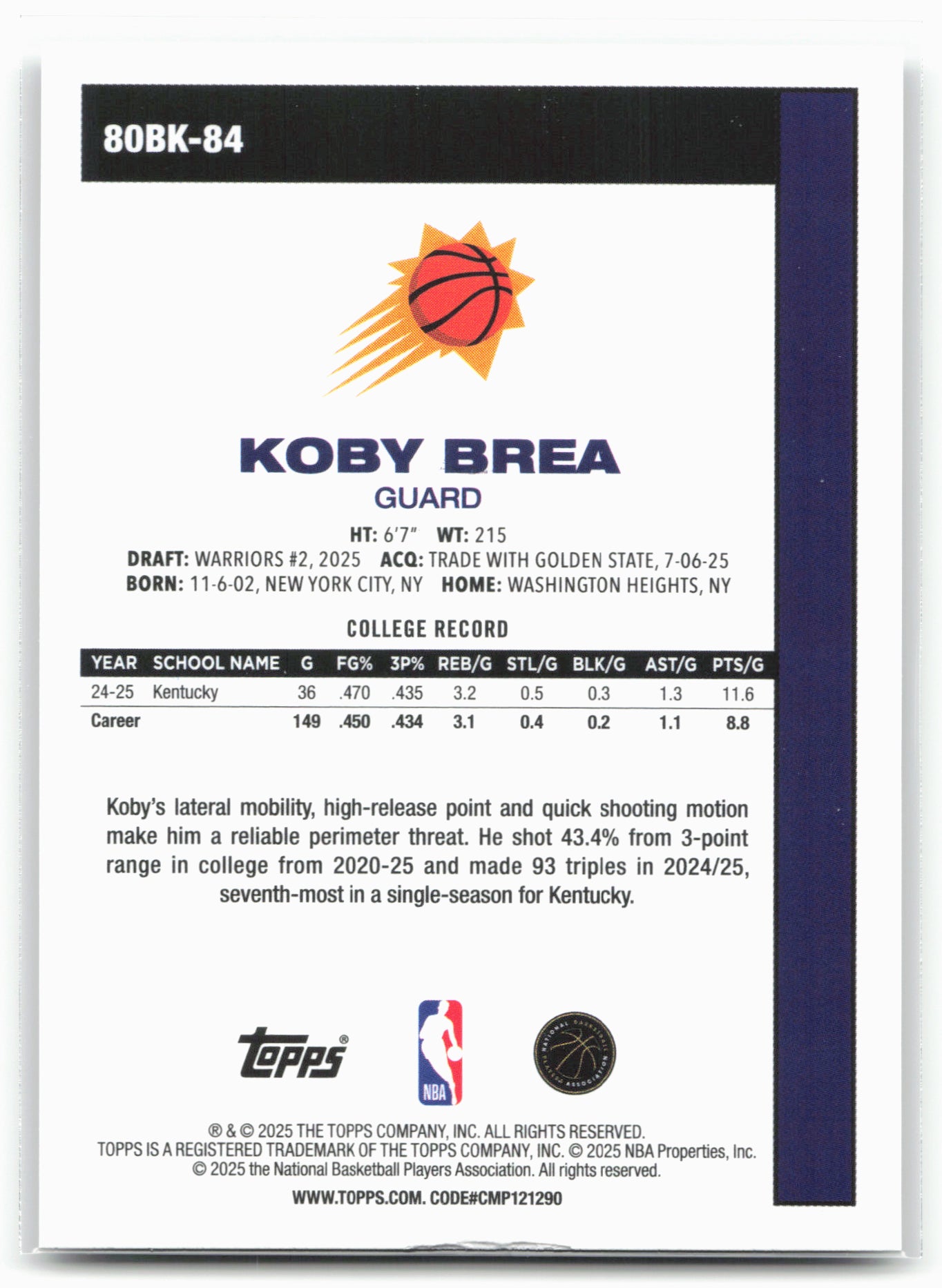 2025-26 Topps #80BK-84 Koby Brea 1980-81 Topps Basketball 24997