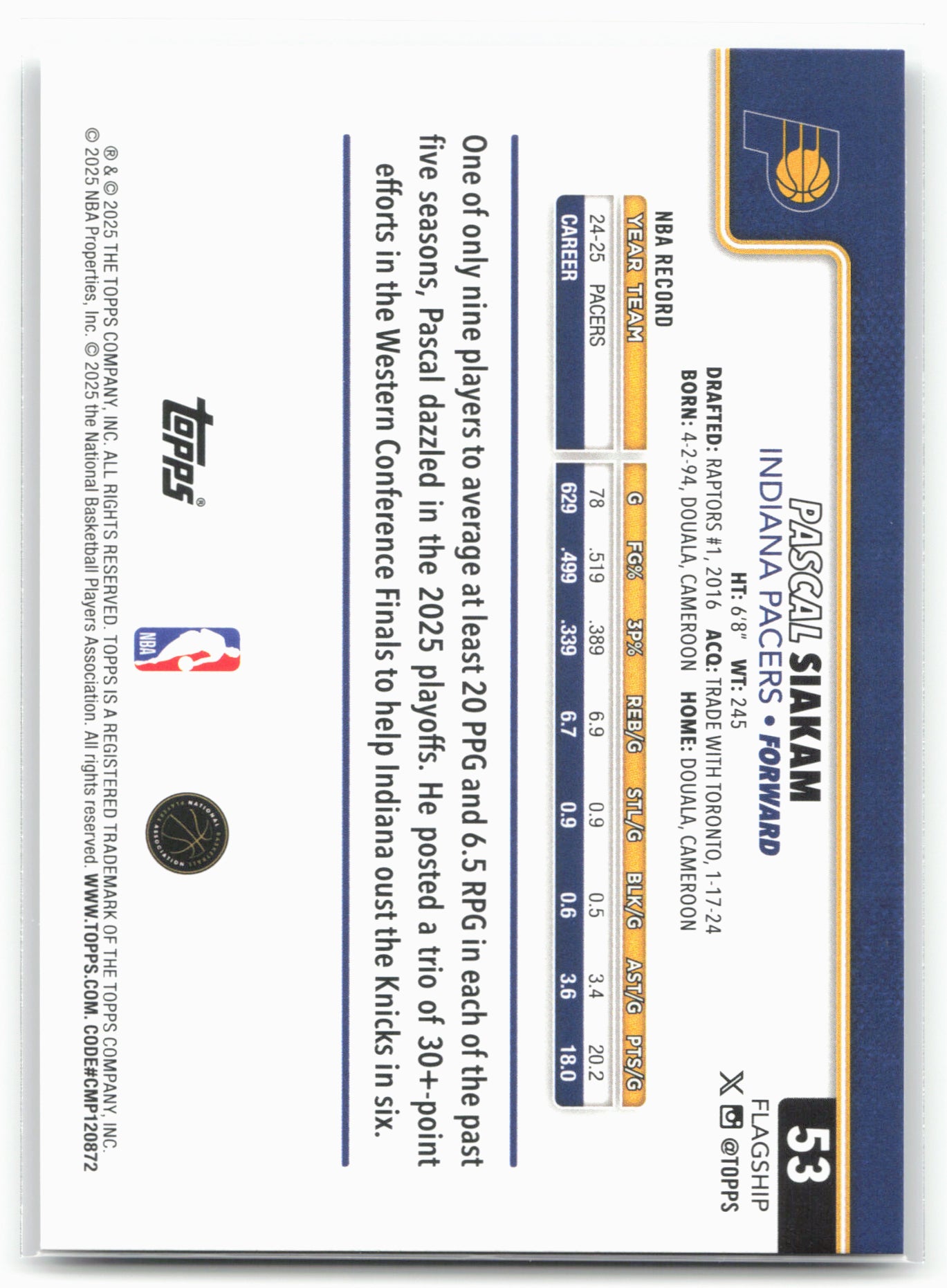 2025-26 Topps #53 Pascal Siakam Rainbow Foilboard 25000