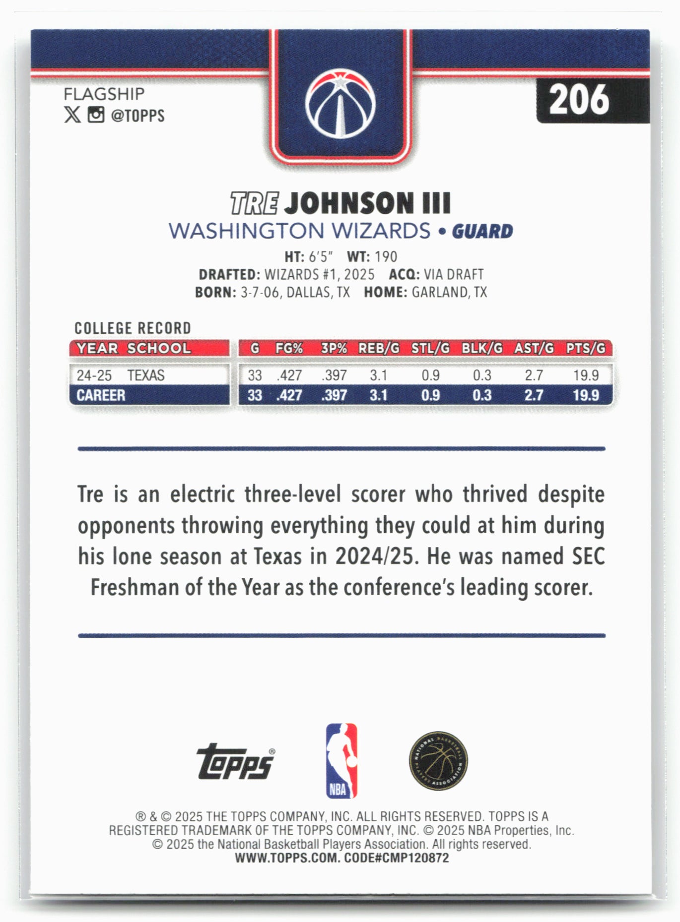 2025-26 Topps #206 Tre Johnson III Crackleboard 25001