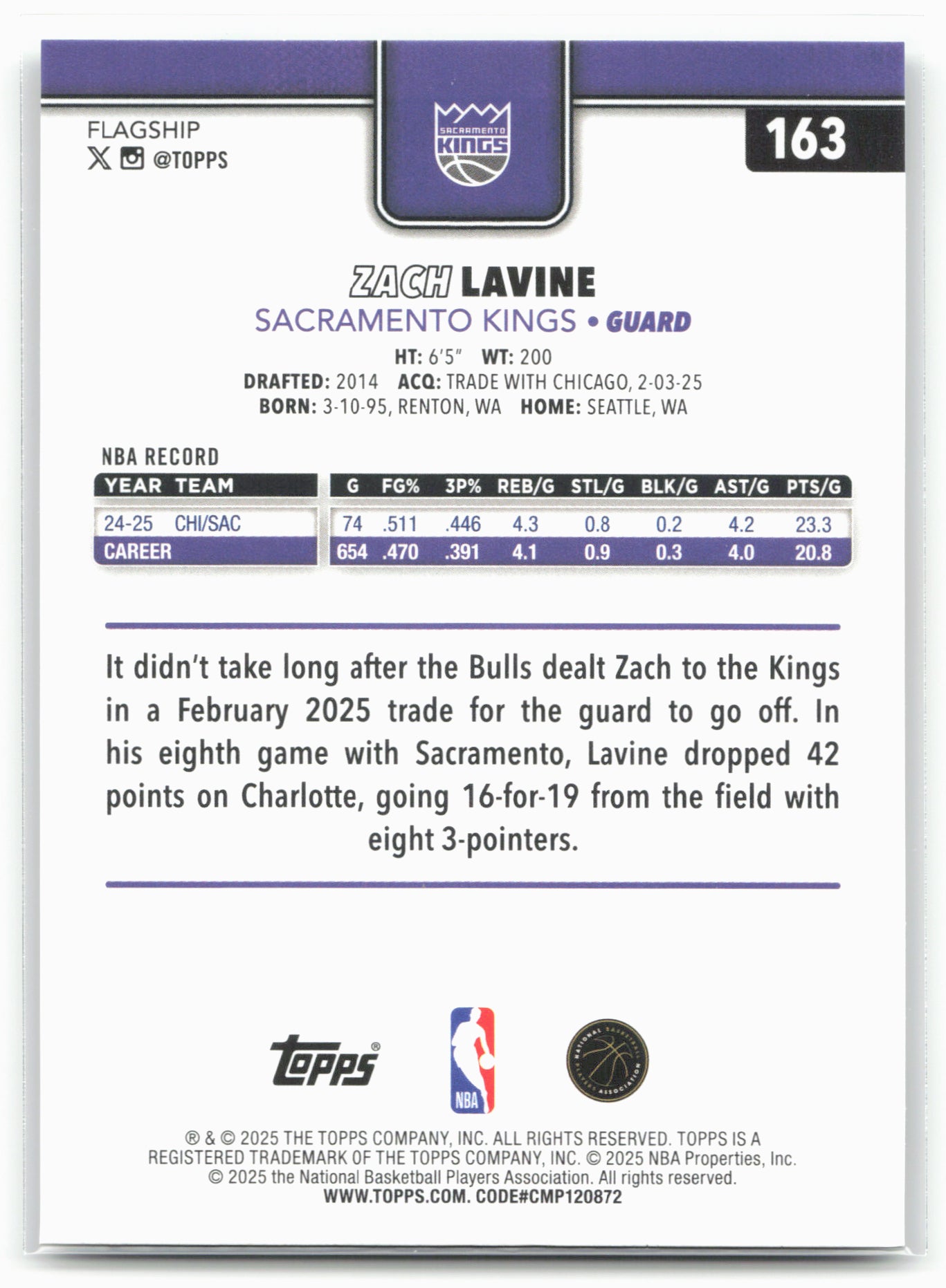2025-26 Topps #163 Zach LaVine Rainbow Foilboard 25008