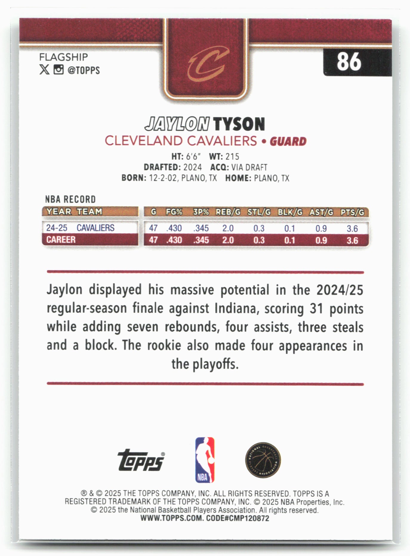 2025-26 Topps #86 Jaylon Tyson Crackleboard Green 71/99 25013