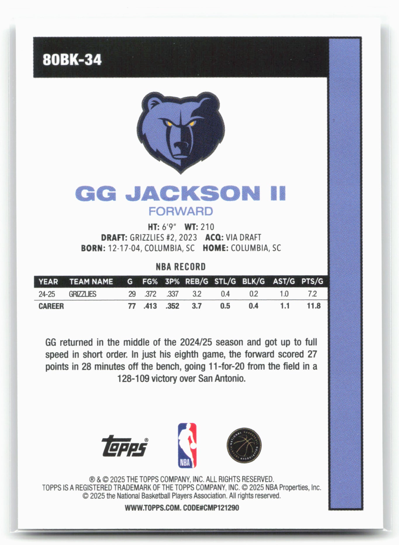 2025-26 Topps #80BK-34 GG Jackson II 1980-81 Topps Basketball 25028