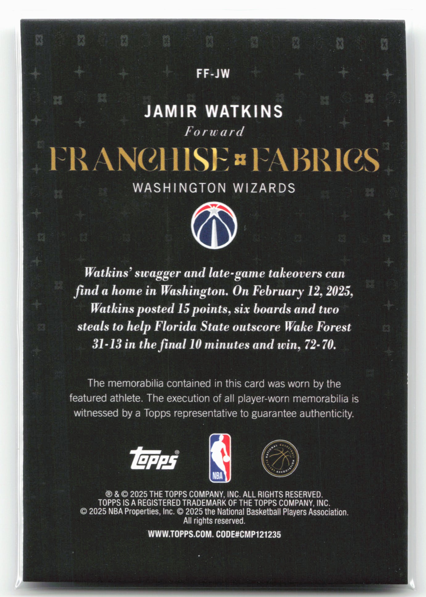 2025-26 Topps #FF-JW Jamir Watkins Franchise Fabrics 25029