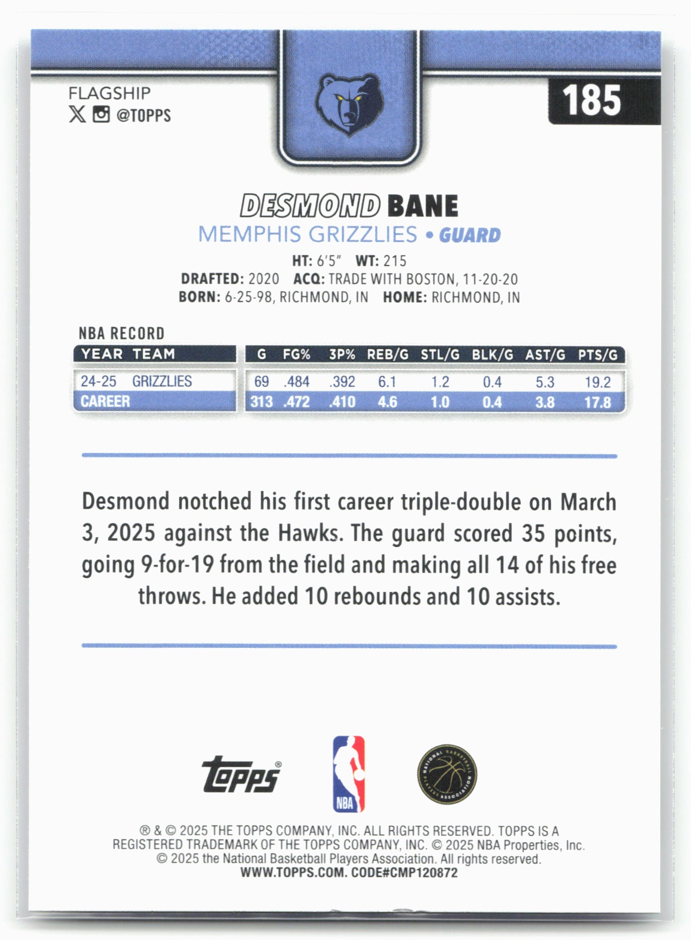 2025-26 Topps #185 Desmond Bane Rainbow Foilboard 25037