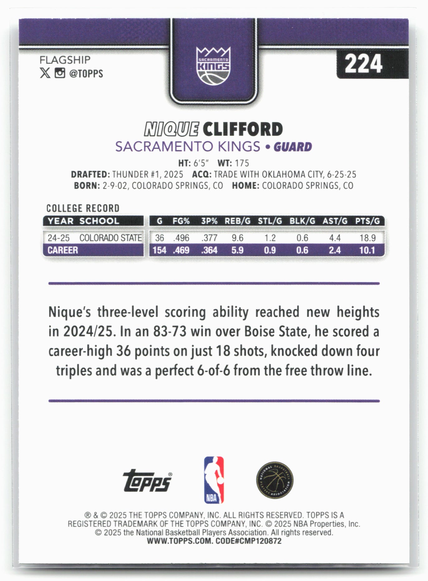 2025-26 Topps #224 Nique Clifford Crackleboard 25038