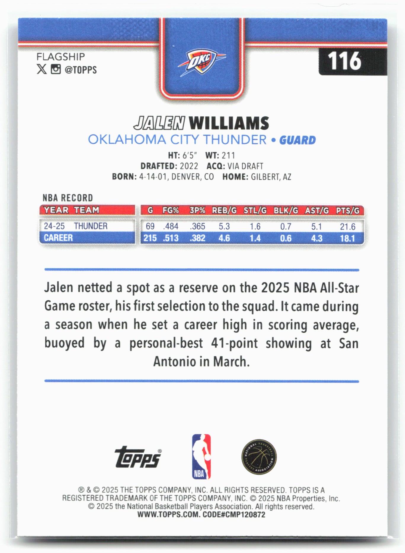 2025-26 Topps #116 Jalen Williams Crackleboard 25040