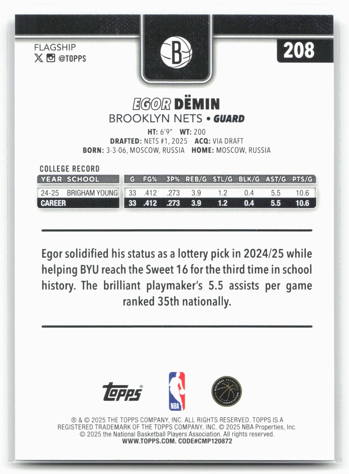 2025-26 Topps #208 Egor Dëmin Rainbow Foilboard 25041