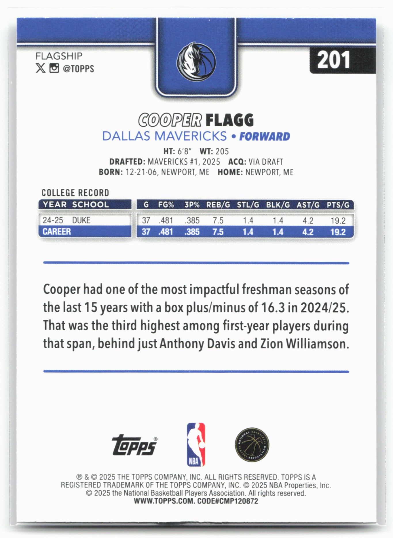 2025-26 Topps #201 Cooper Flagg Crackleboard 25046