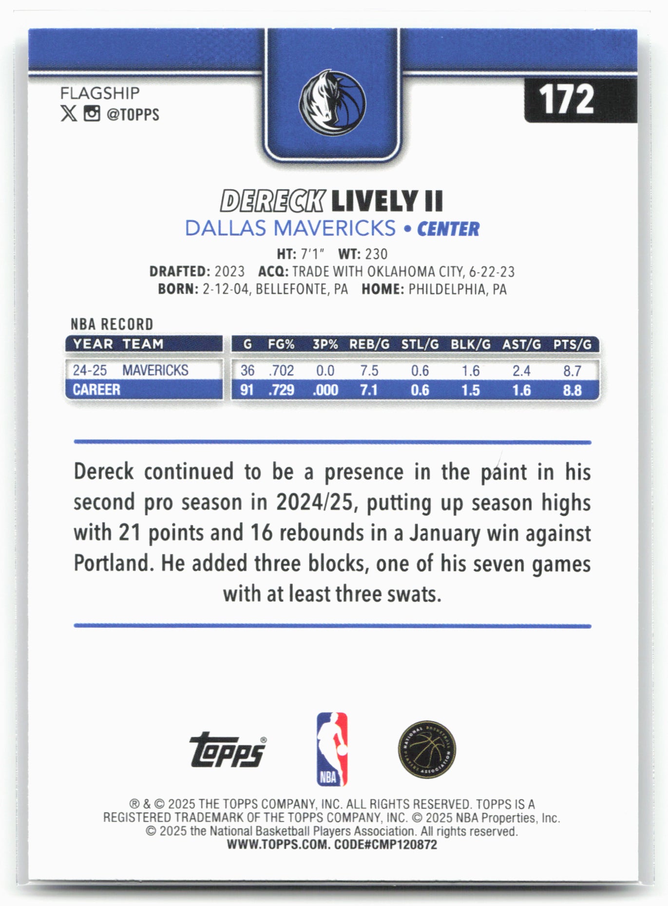 2025-26 Topps #172 Dereck Lively II Crackleboard 25048